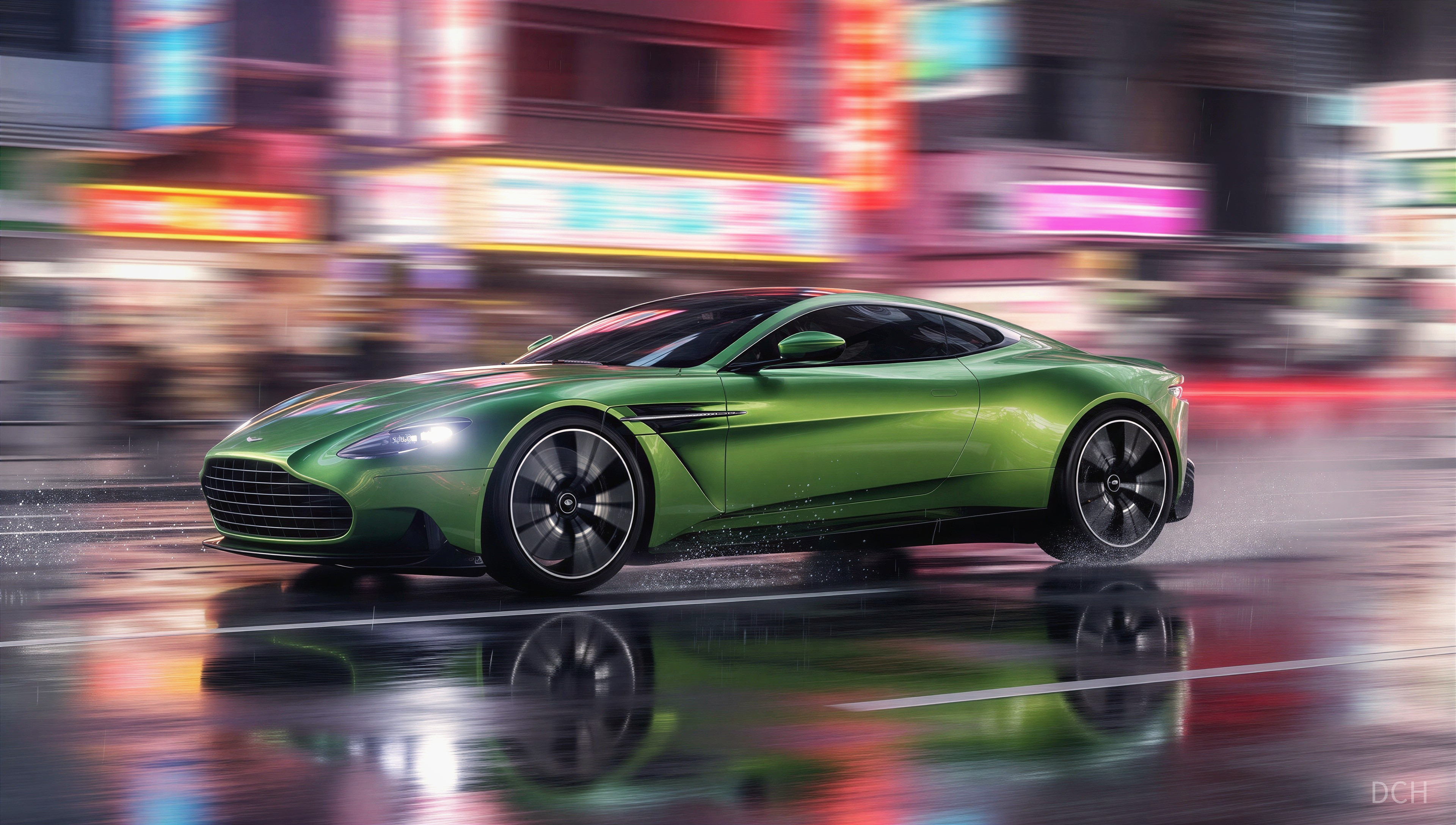Lime Green Sports Car on Wet City Street at Night