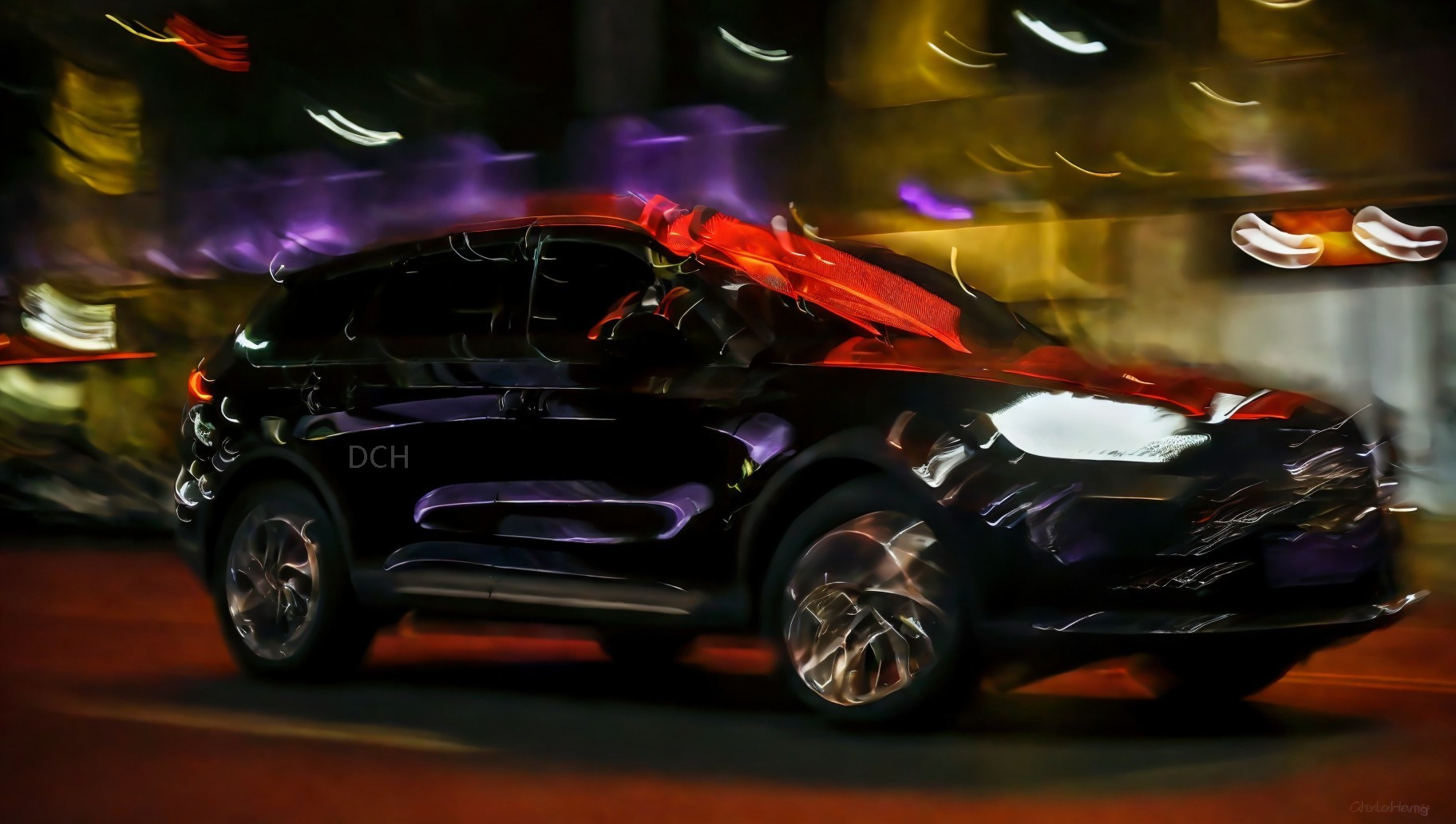Black Car in Motion with Abstract Light Streaks at Night