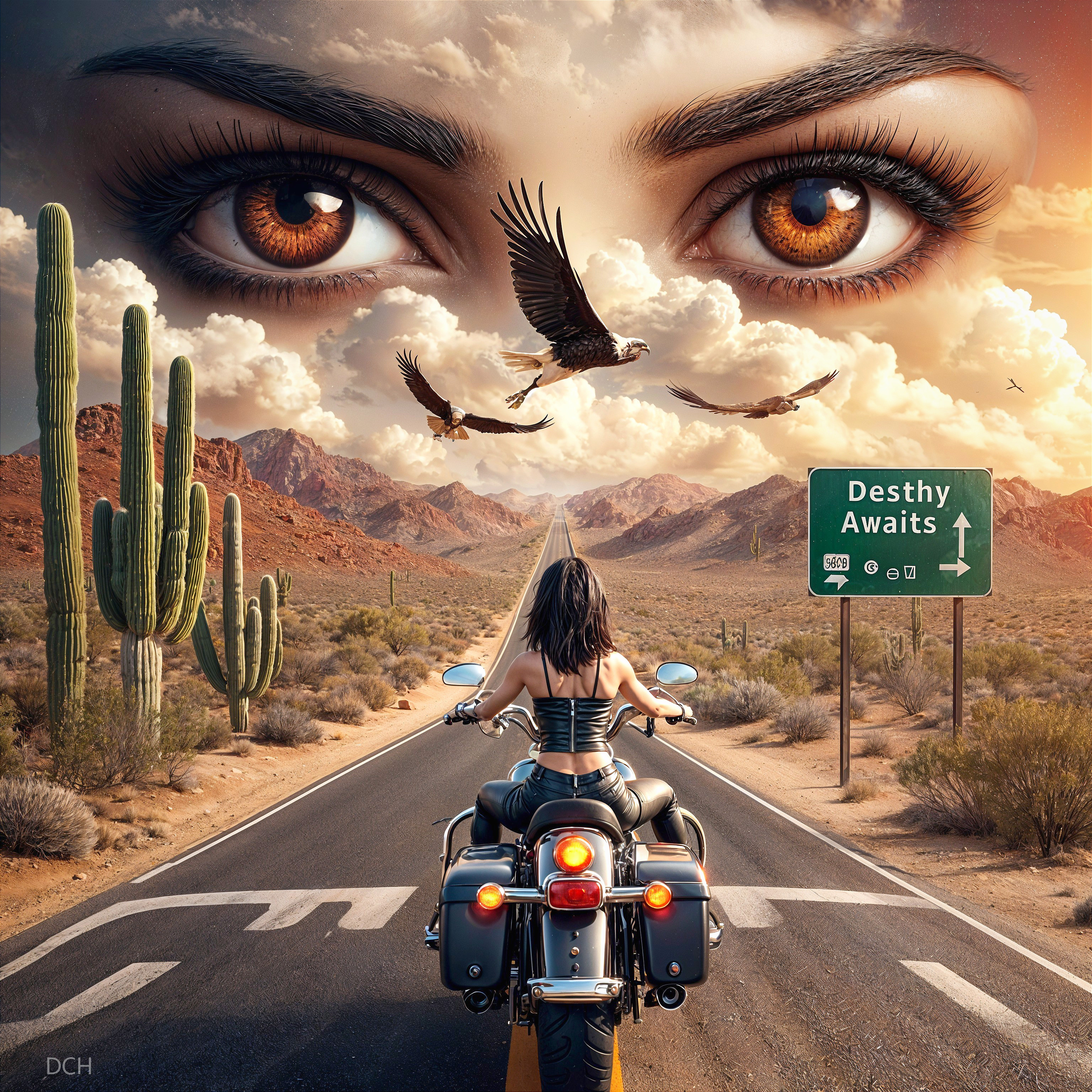 Woman on Motorcycle in Desert with Ethereal Elements