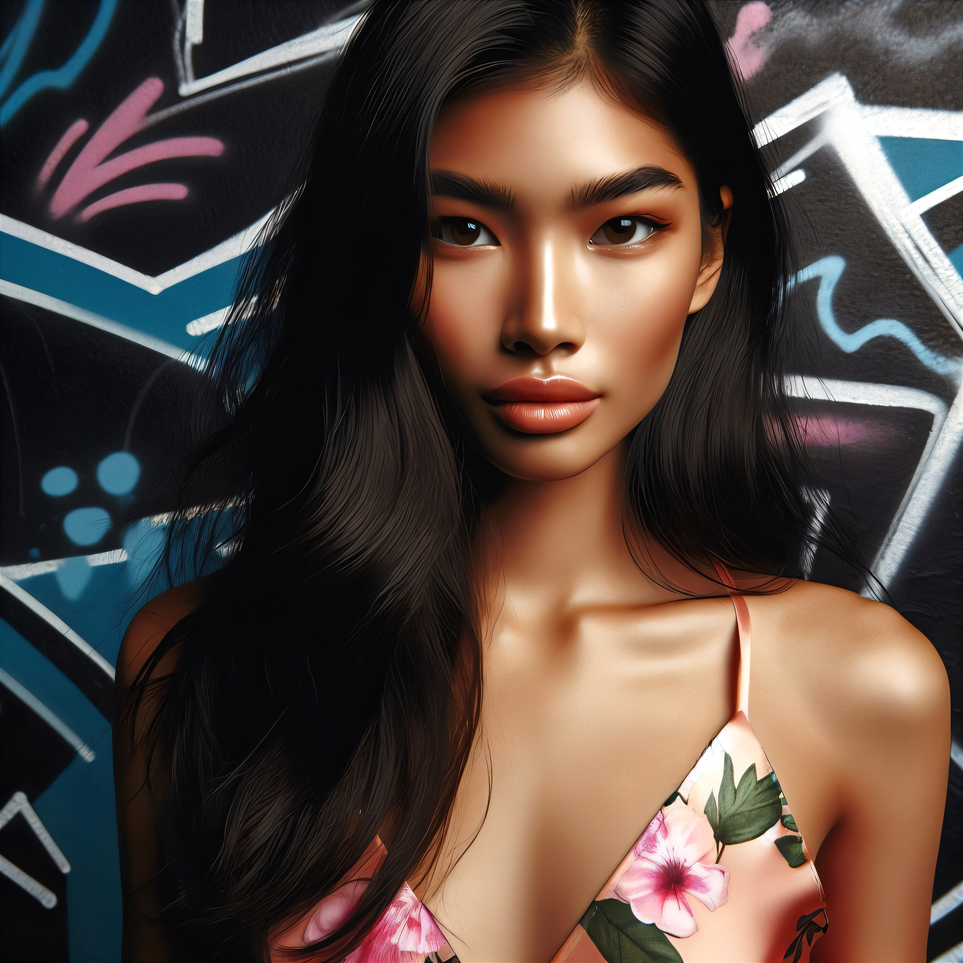 Close-Up Portrait of Young Woman with Graffiti Background