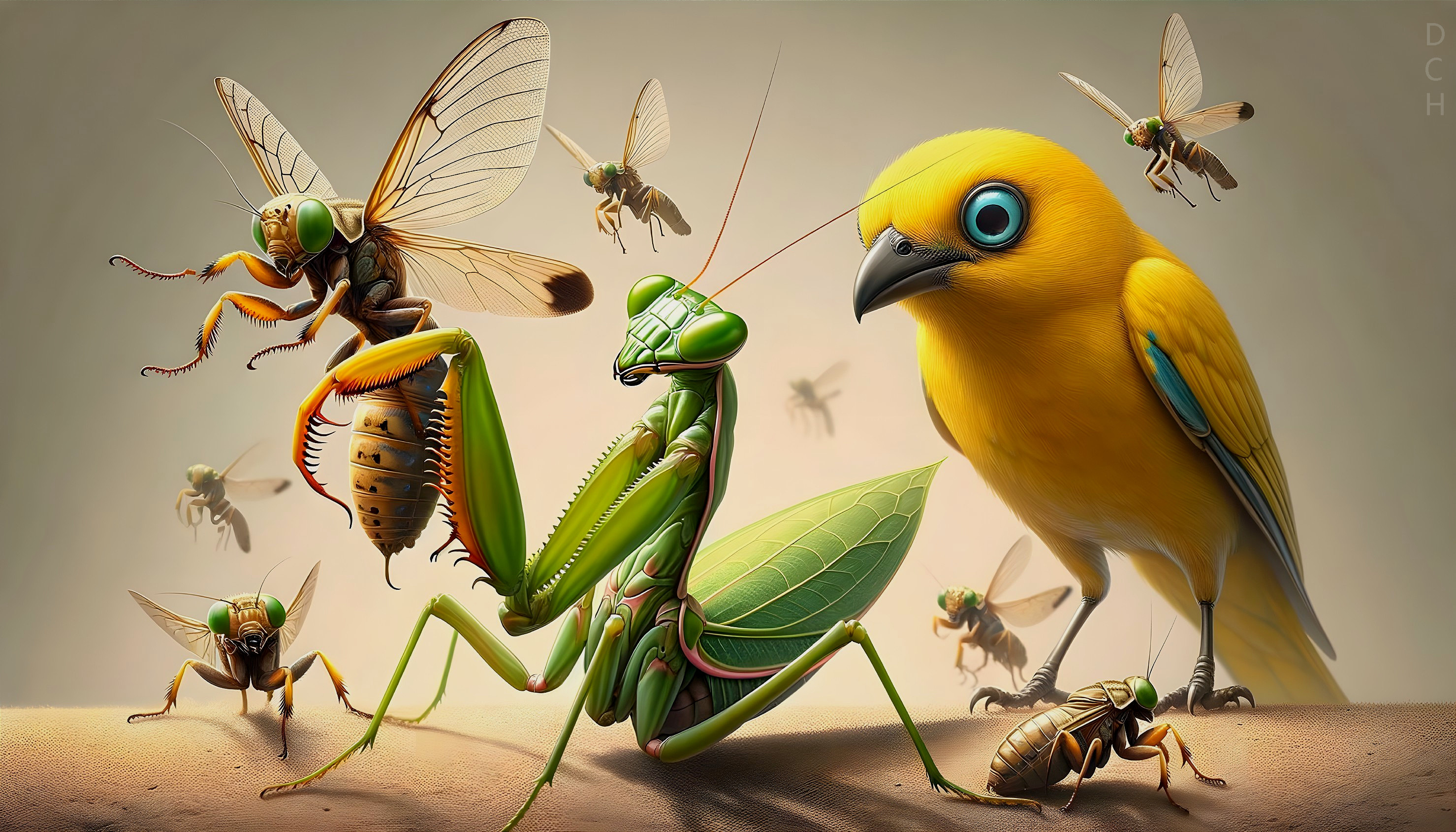 Yellow Bird and Green Praying Mantis in Nature Scene