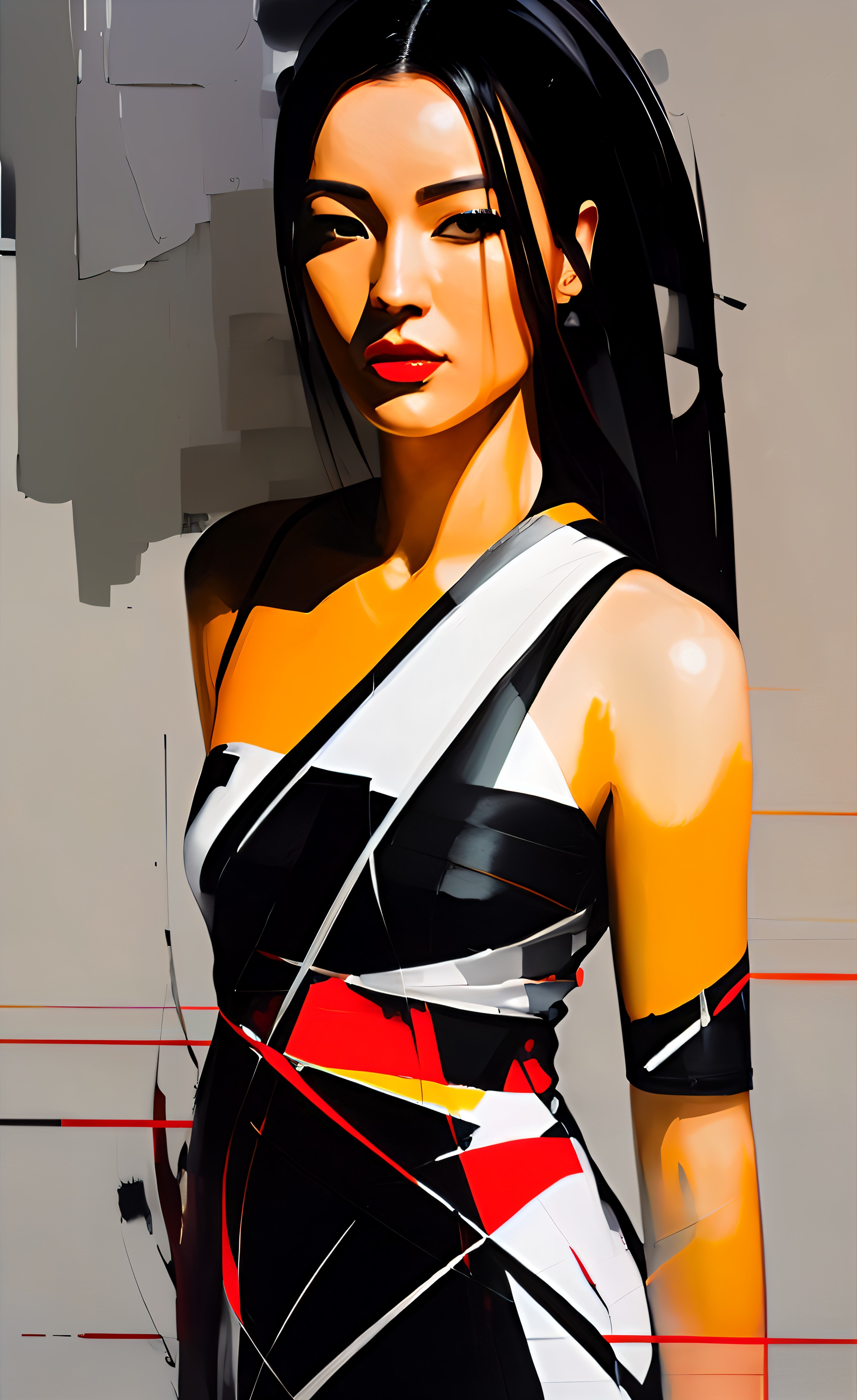 Stylish Female Figure in Bold Geometric Dress