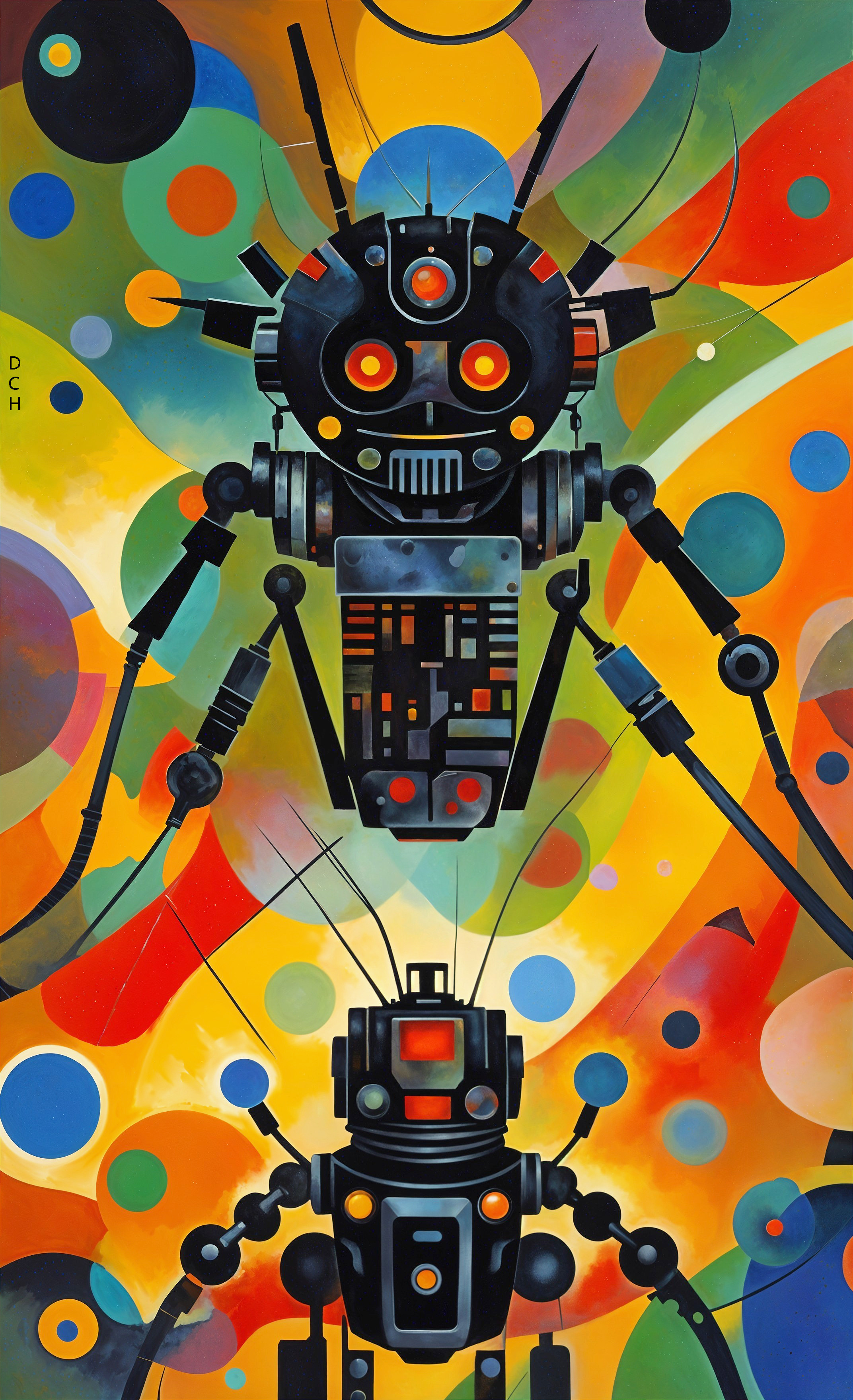 Vibrant Abstract Painting of Robots with Colorful Background