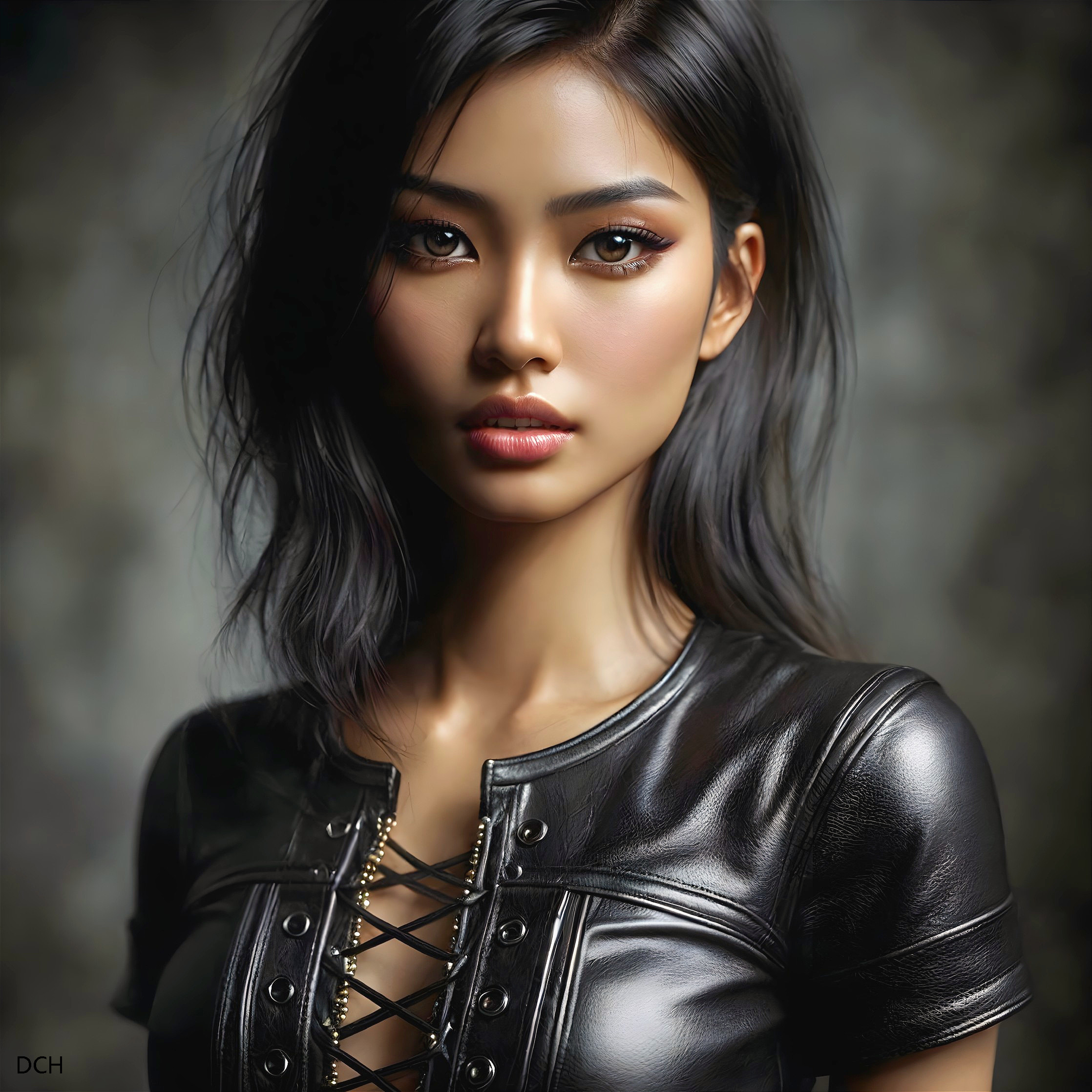 Portrait of a woman with shoulder-length hair in black leather outfit