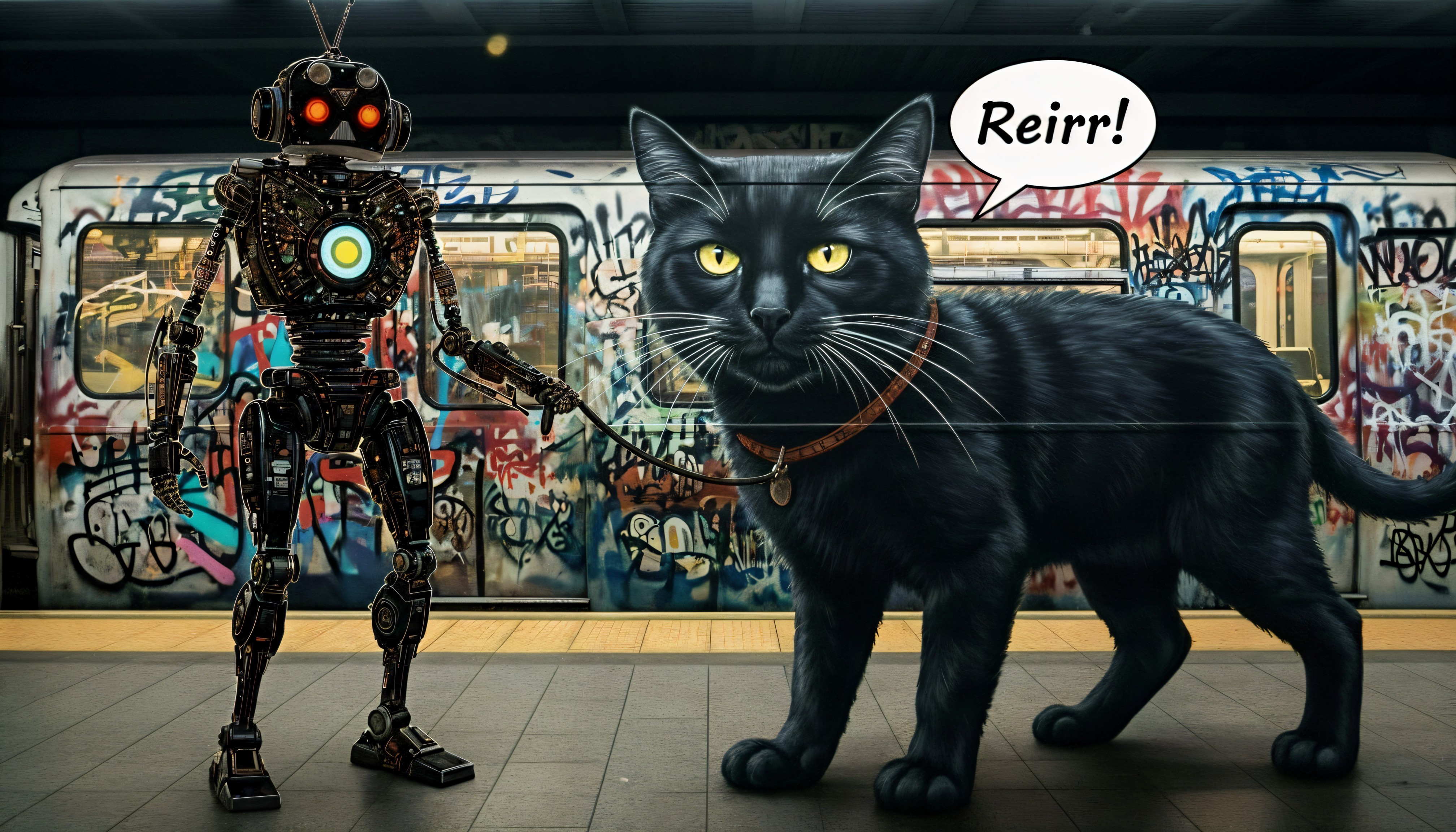 Whimsical Subway Scene with Robot and Black Cat