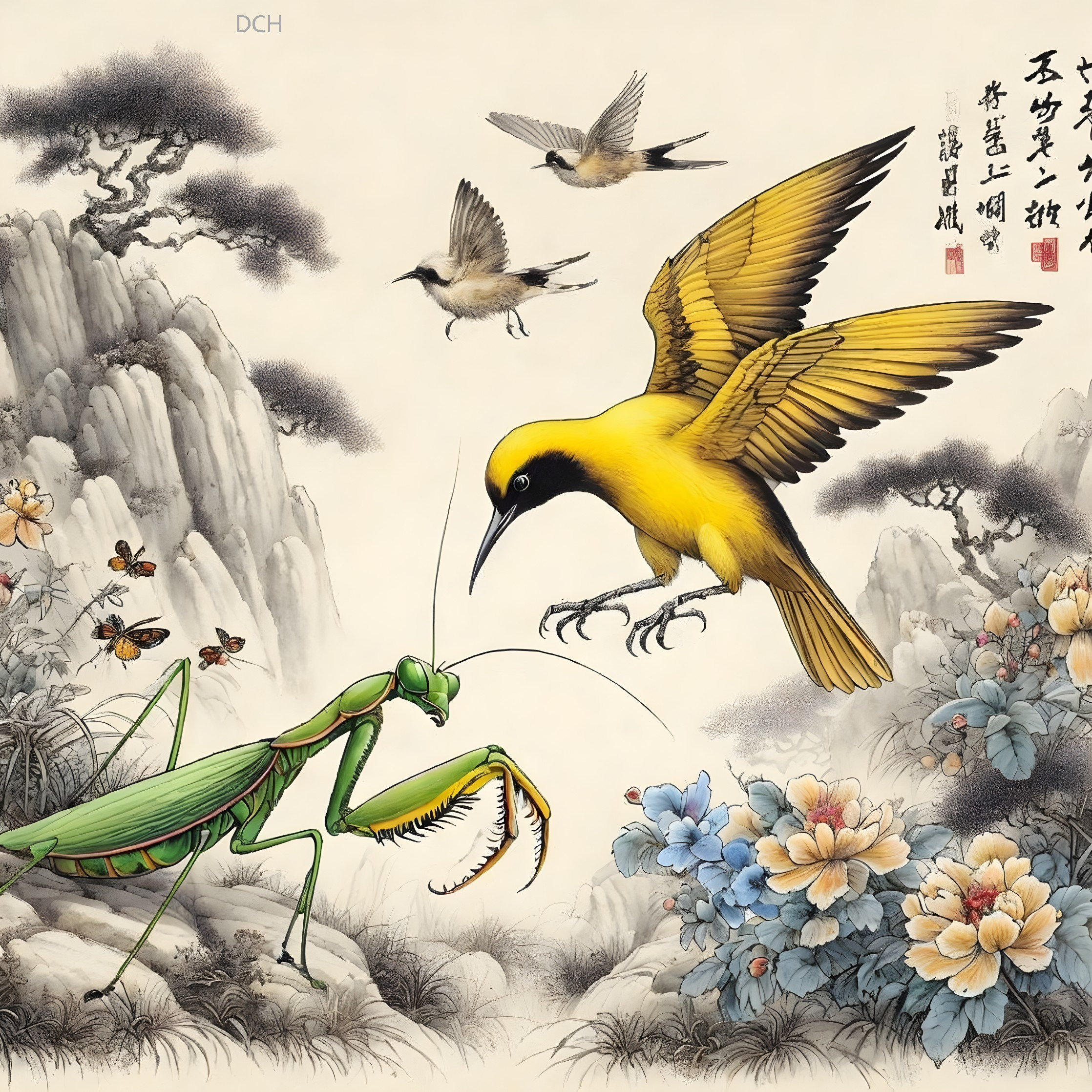 Yellow Bird Hovering Over Green Praying Mantis Scene