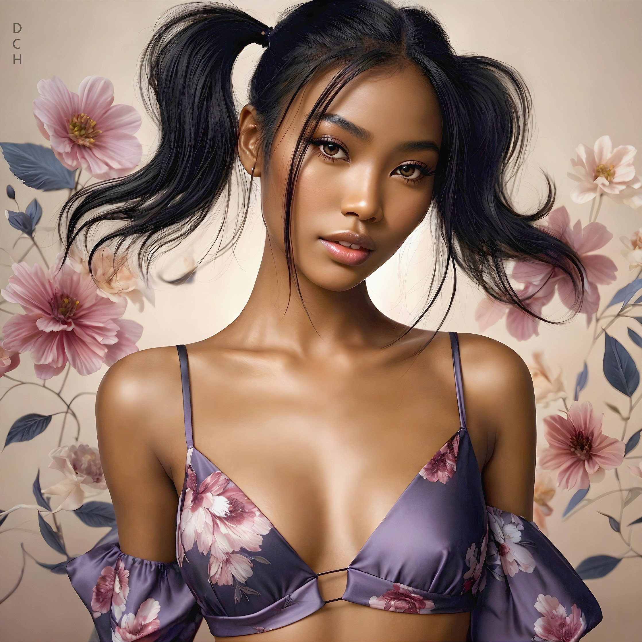 Young woman with pigtails in floral setting