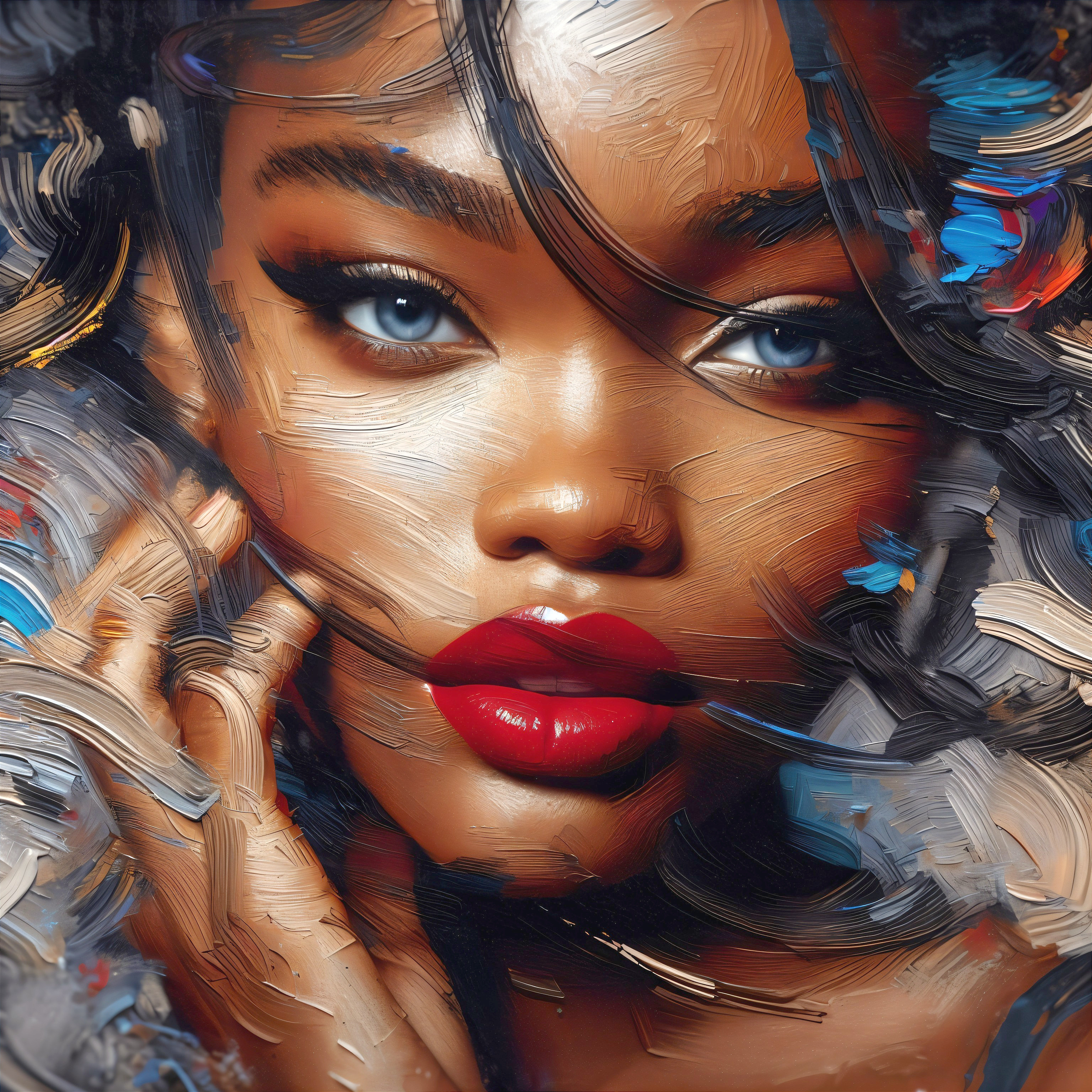Close-up Portrait of a Woman with Blue Eyes and Red Lips