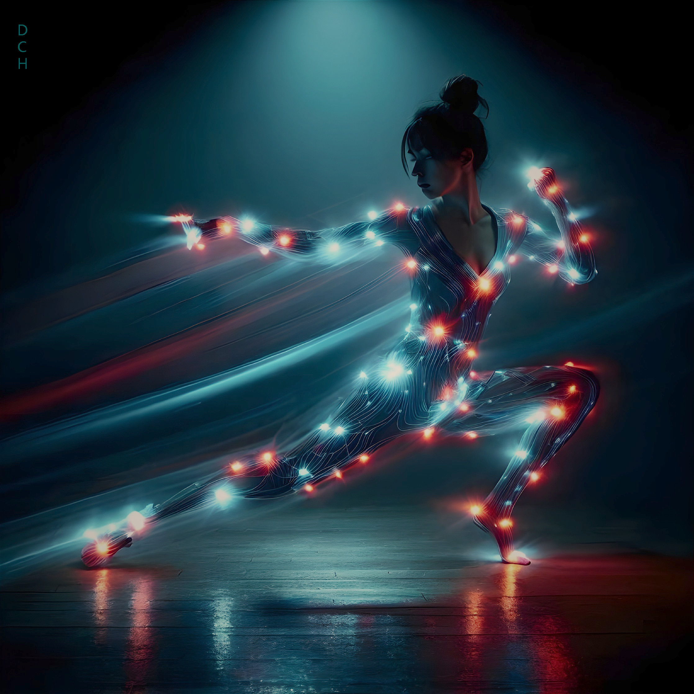 Futuristic Figure in Glowing Suit Against Dark Background