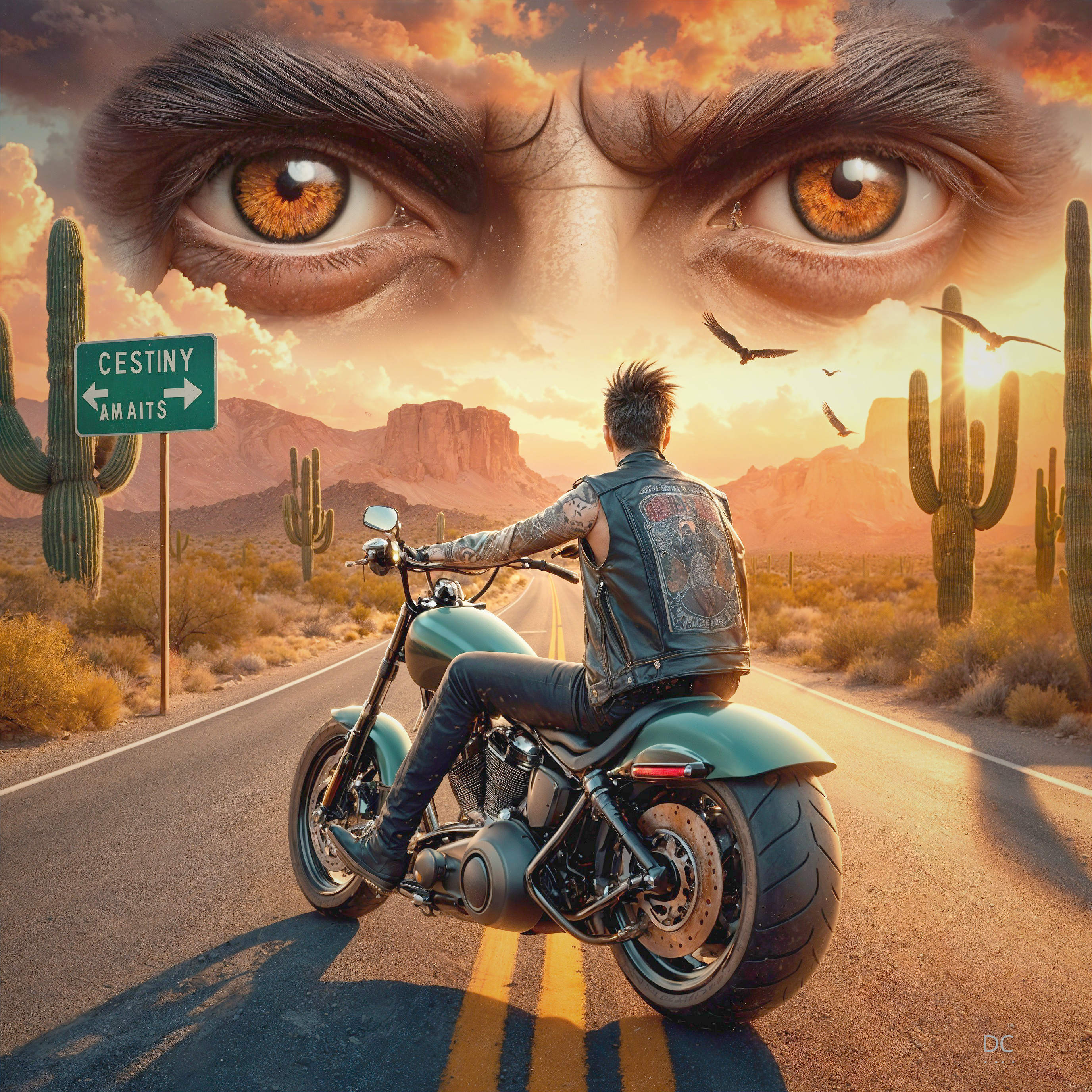 Biker on Motorcycle at Desert Sunset with Signpost