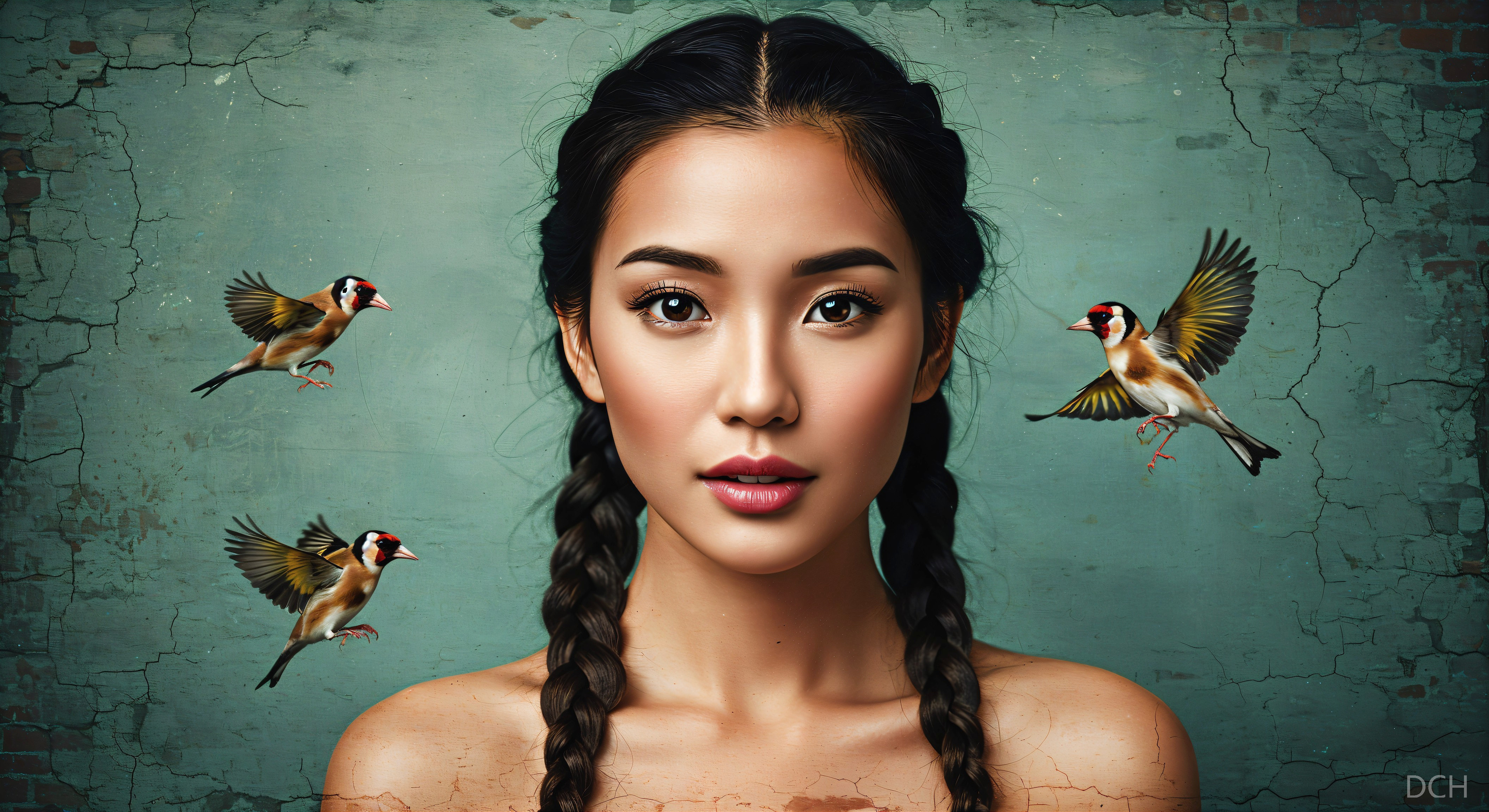 Young woman with braids and colorful birds on wall