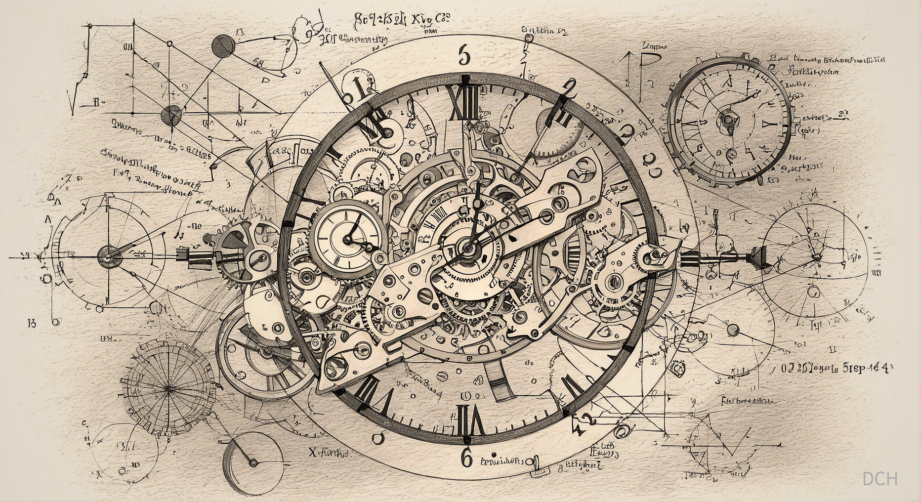 Vintage Clock Face with Exposed Gears and Diagrams