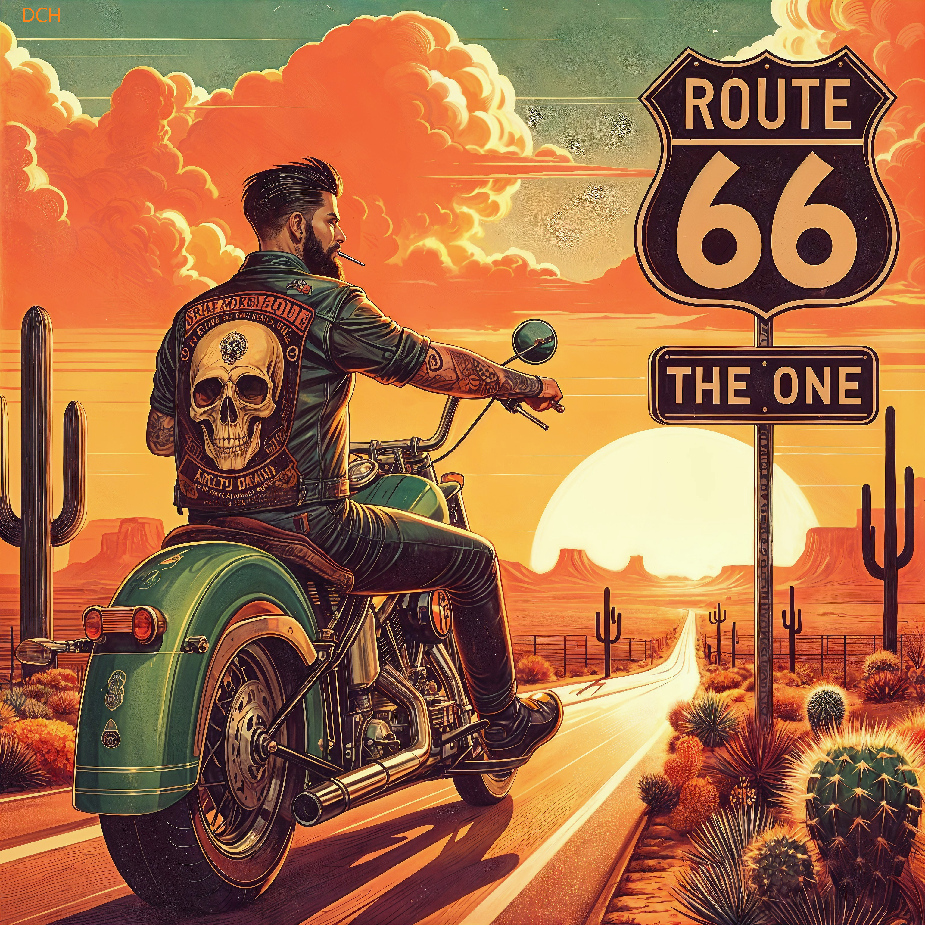 Biker on Route 66 at Sunset with Cacti Landscape