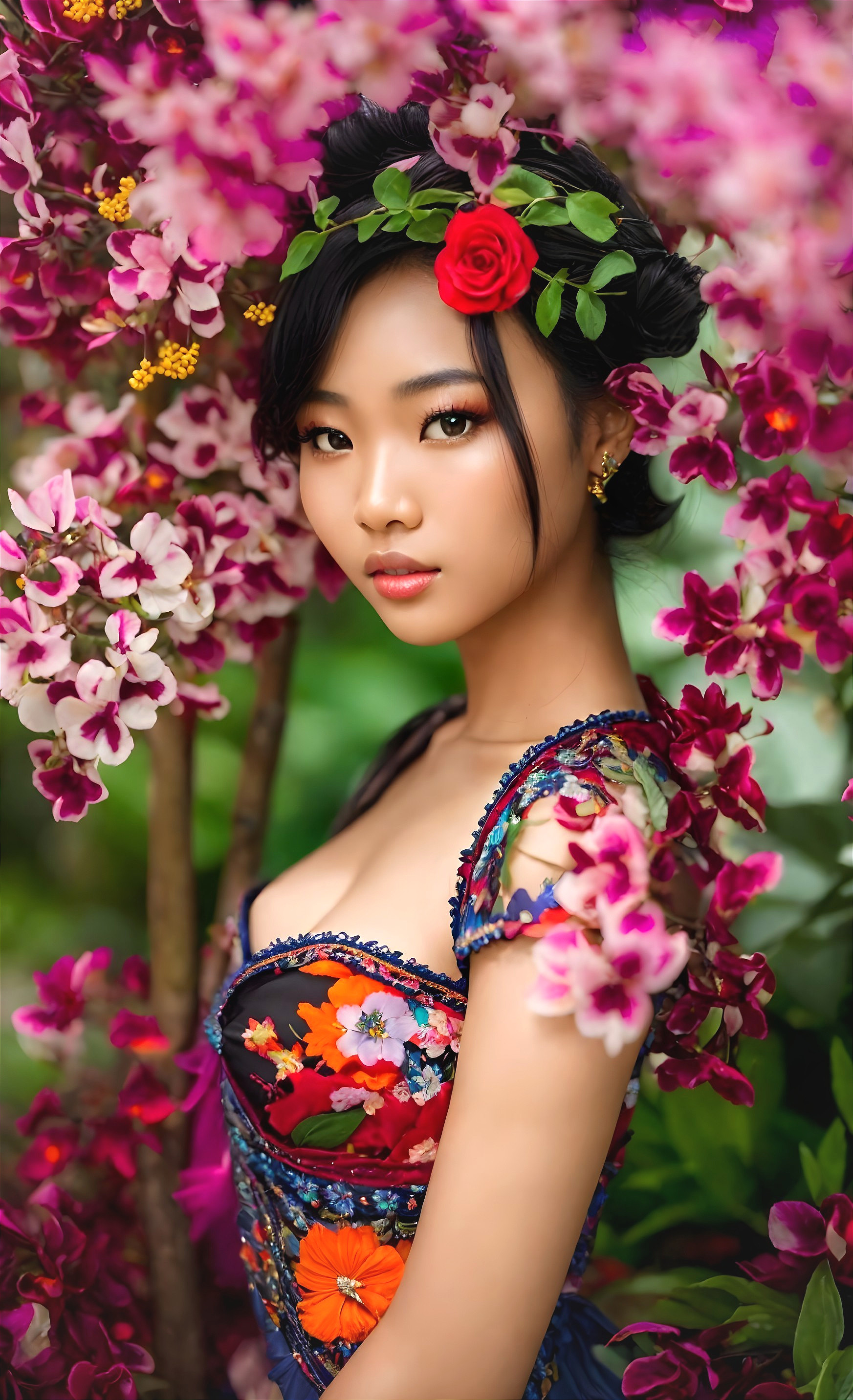 Young Woman in Floral Setting with Orchids
