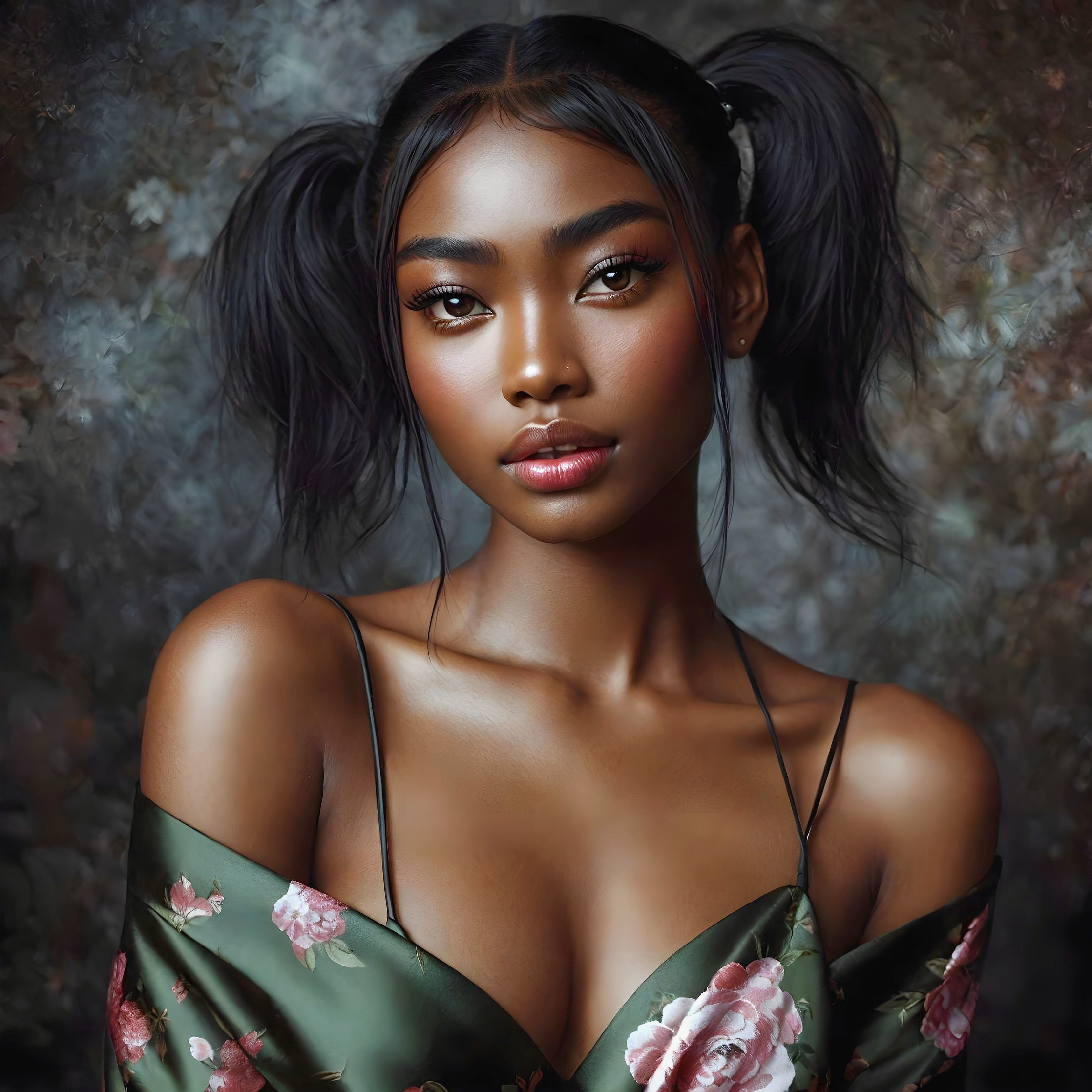 Portrait of a Young Woman with Dark Hair and Floral Garment