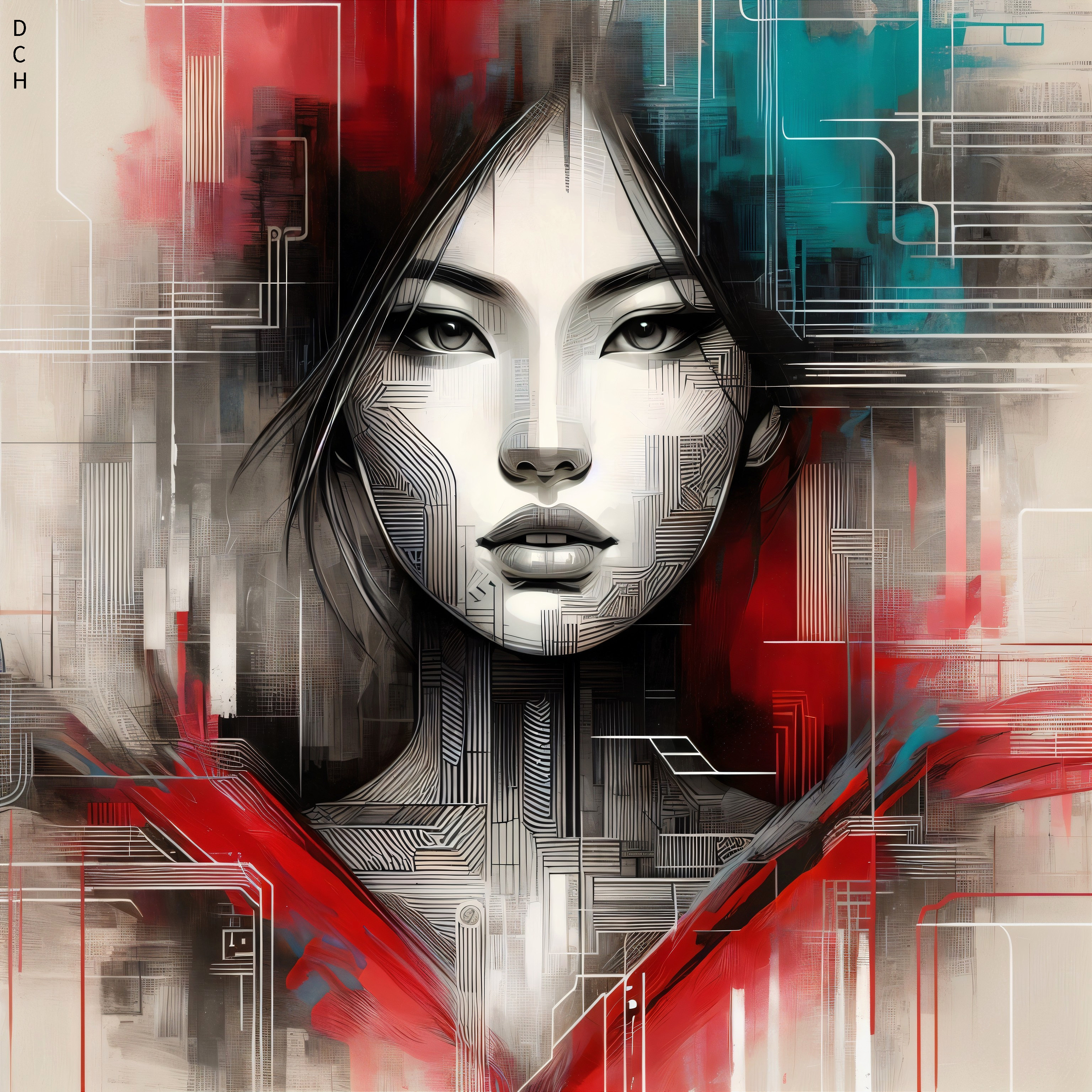 Stylized portrait of a woman with geometric patterns