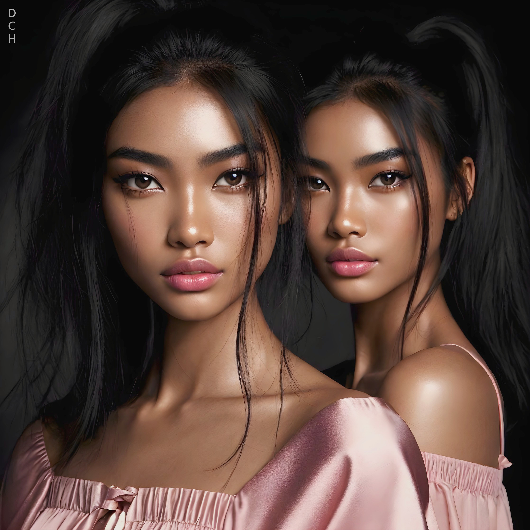 Stylized portraits of a young woman with dark hair