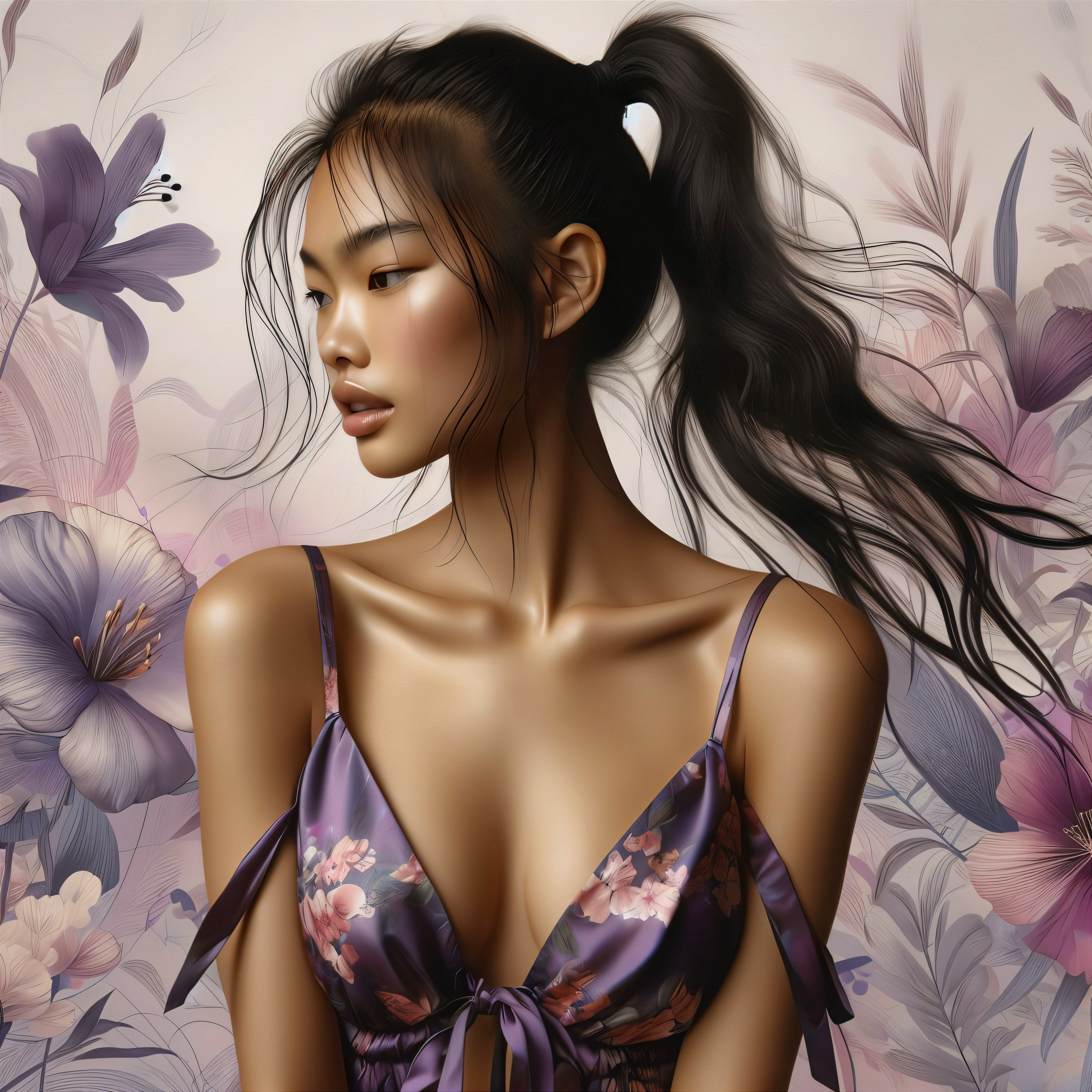 Young woman with floral top in a floral background