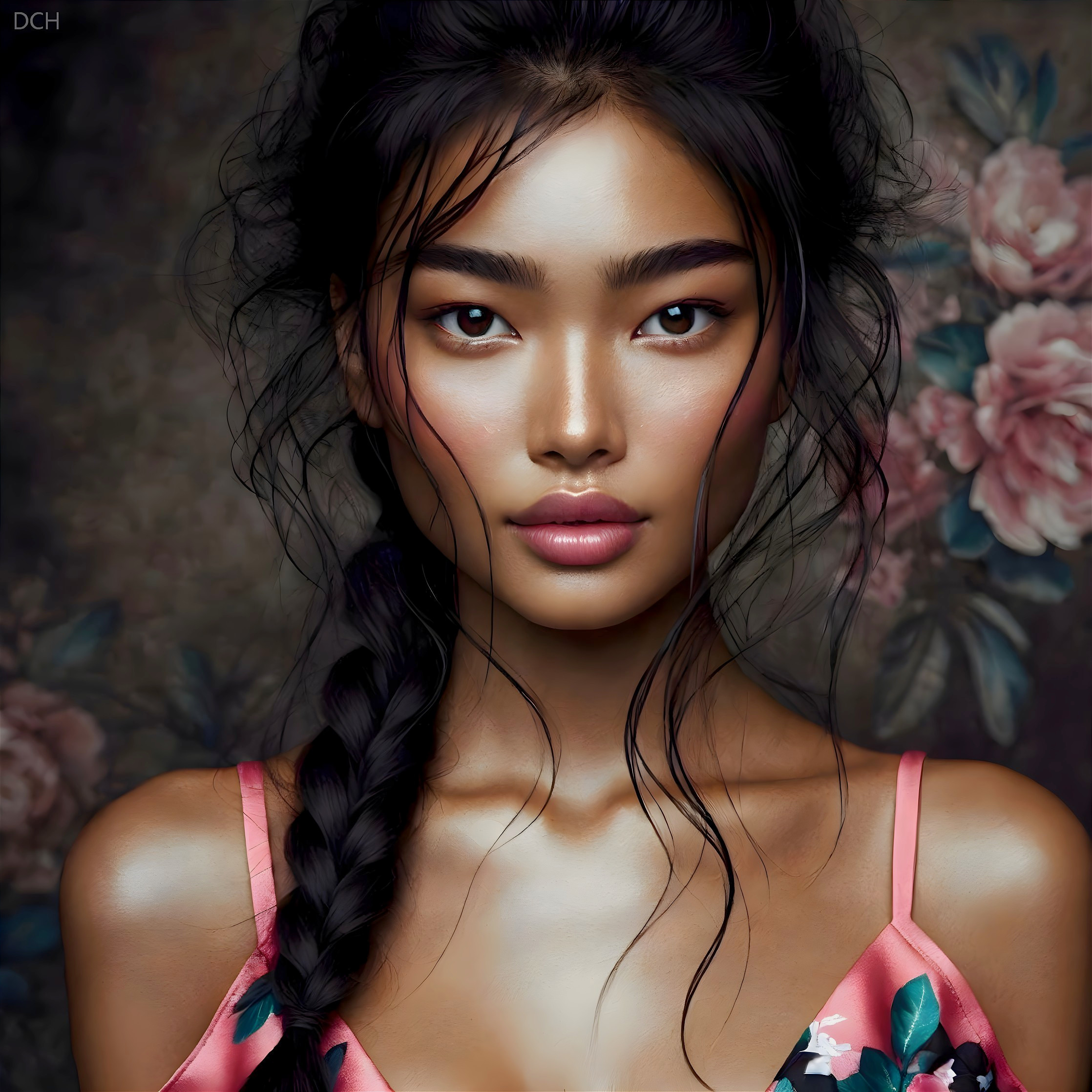 Portrait of a woman in floral dress with braided hair