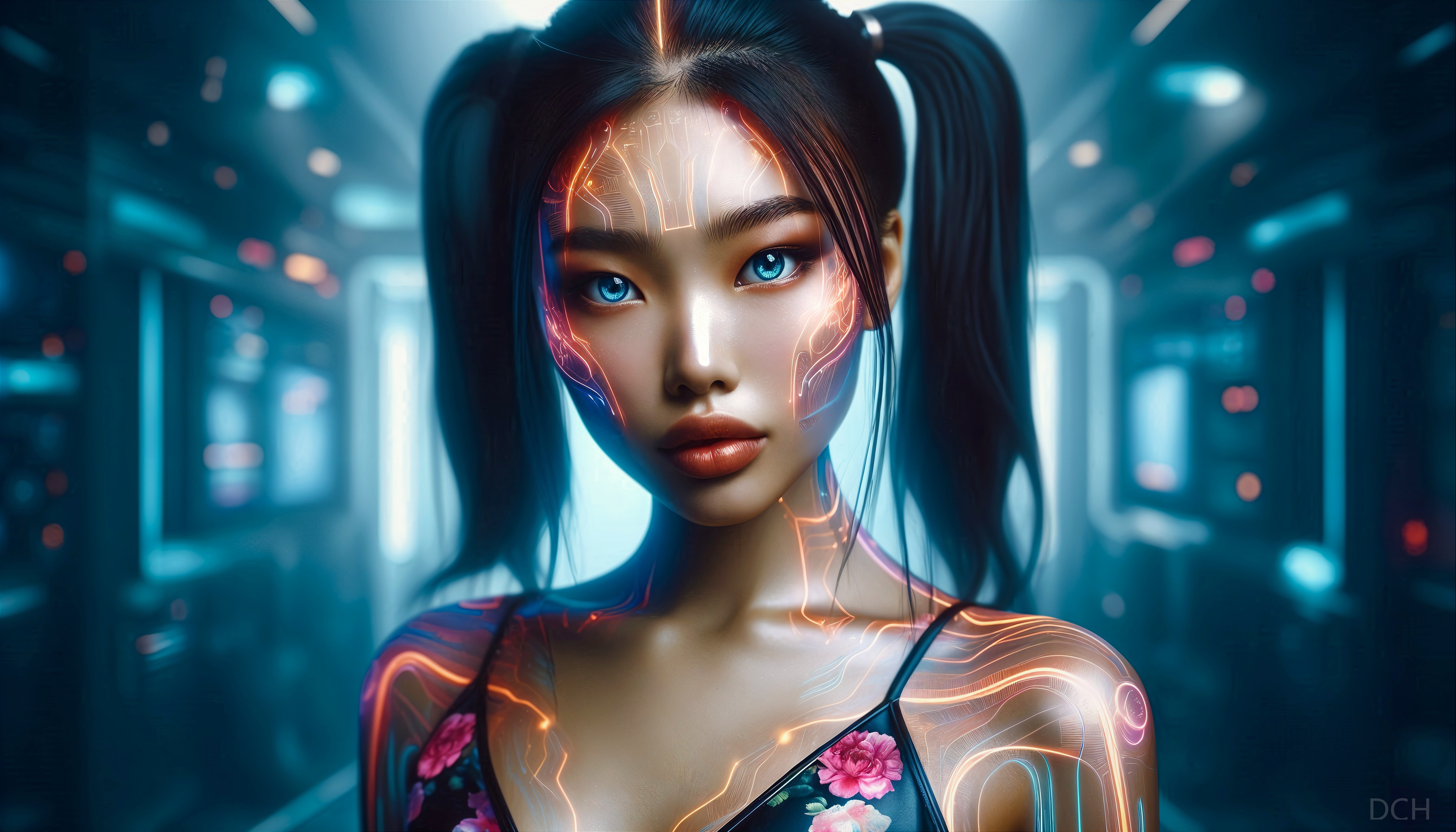 Futuristic Female Figure in High-Tech Environment