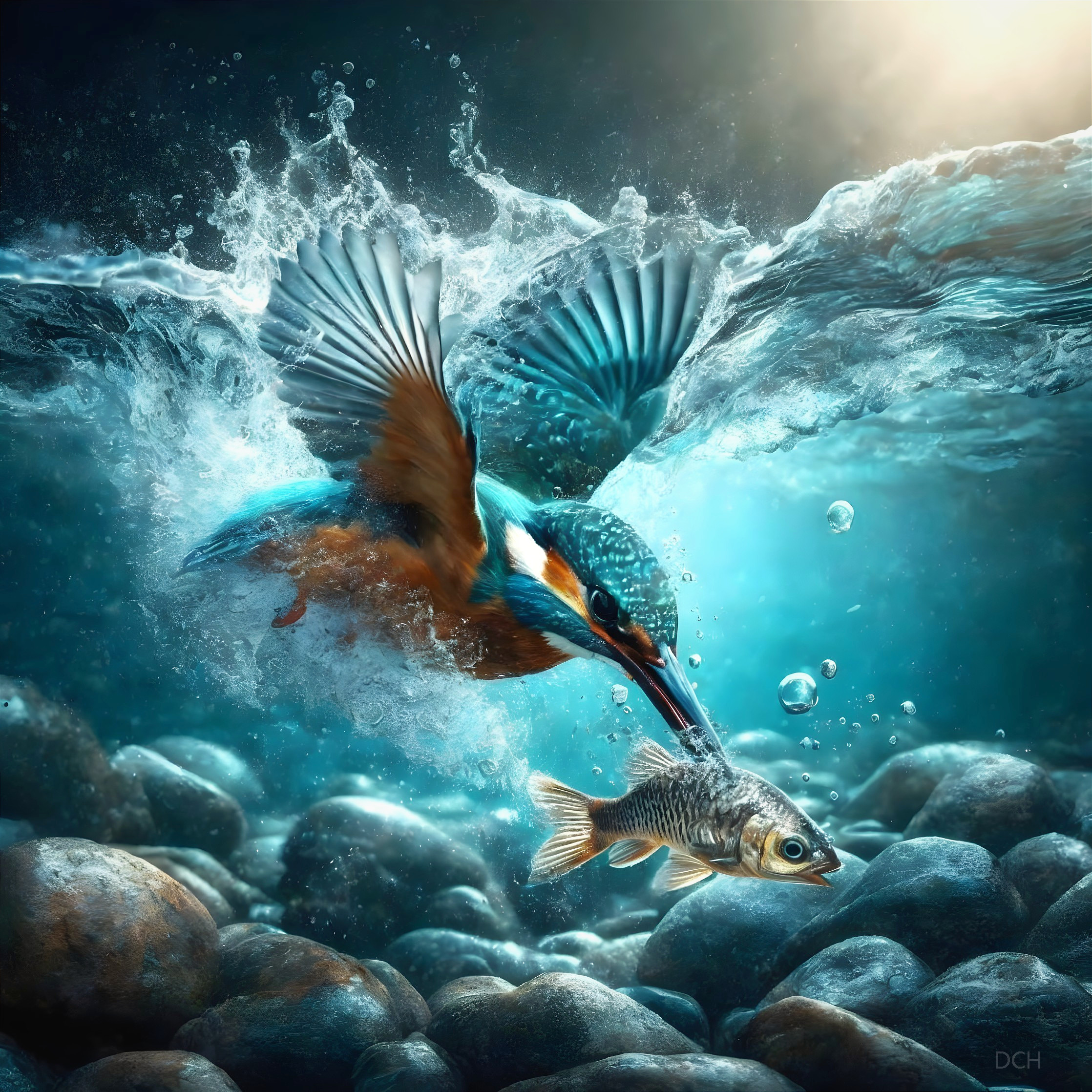 Kingfisher Diving for Fish Among Pebbles and Bubbles