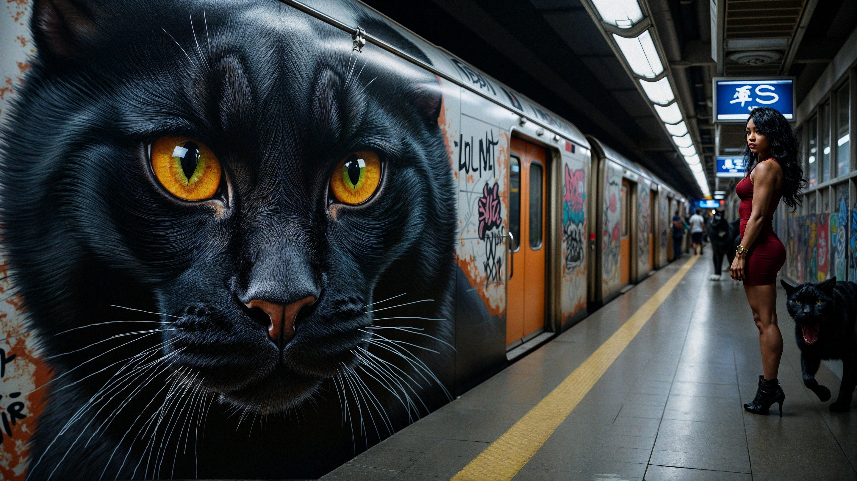 Mural of Black Cat in Vibrant Subway Station Scene