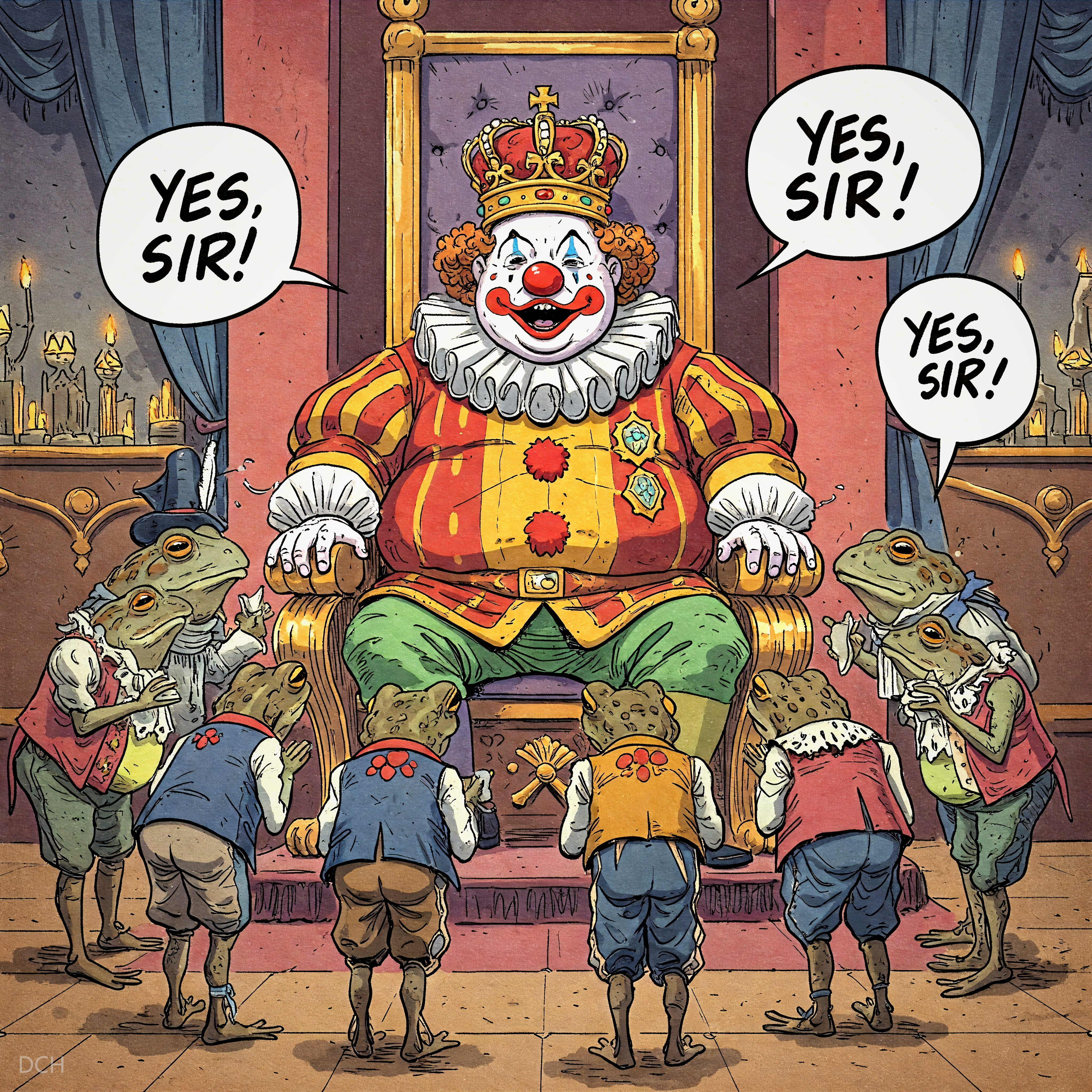 Kingly Clown on Throne with Frog Subjects Kneeling