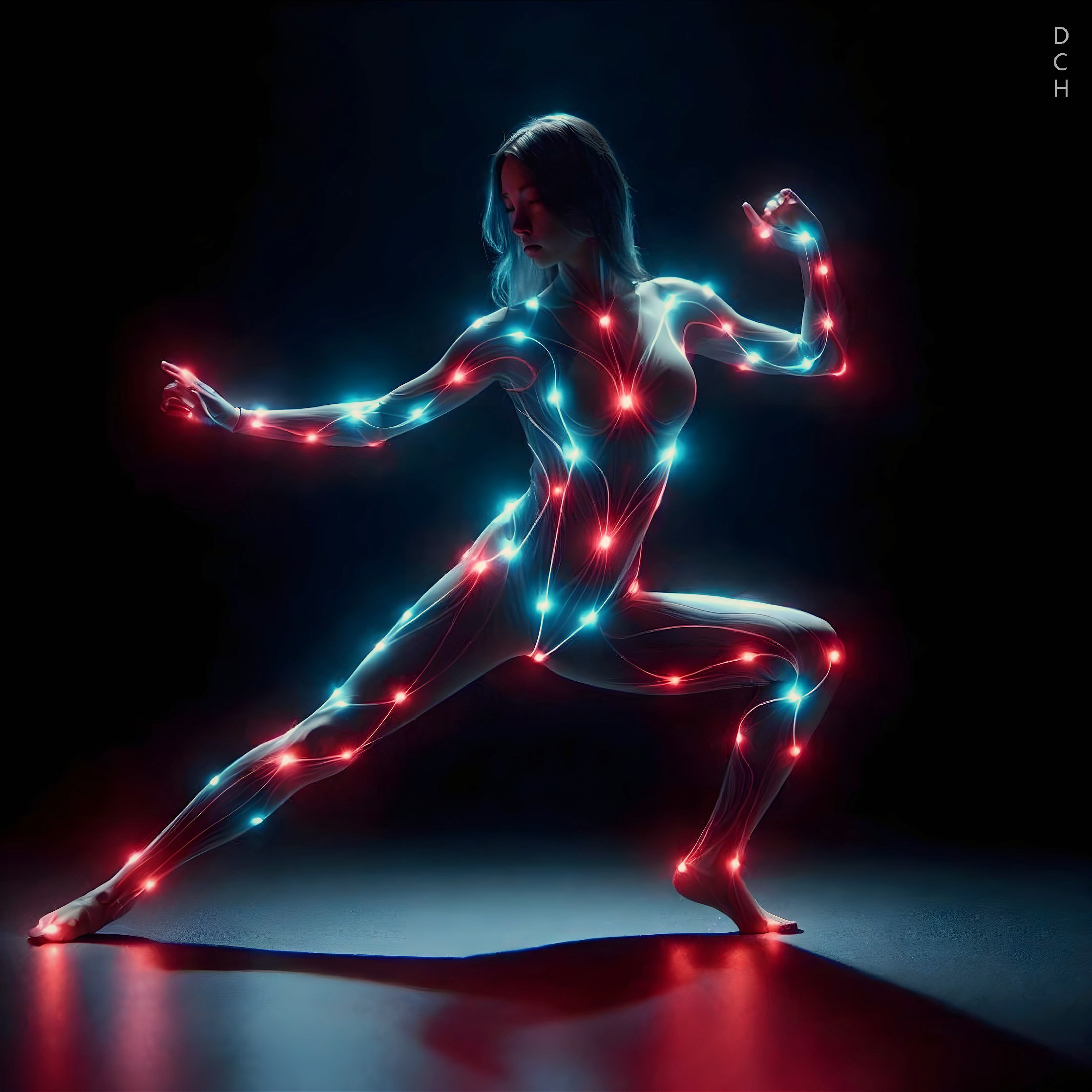 Dynamic Figure with Glowing Blue and Red Patterns