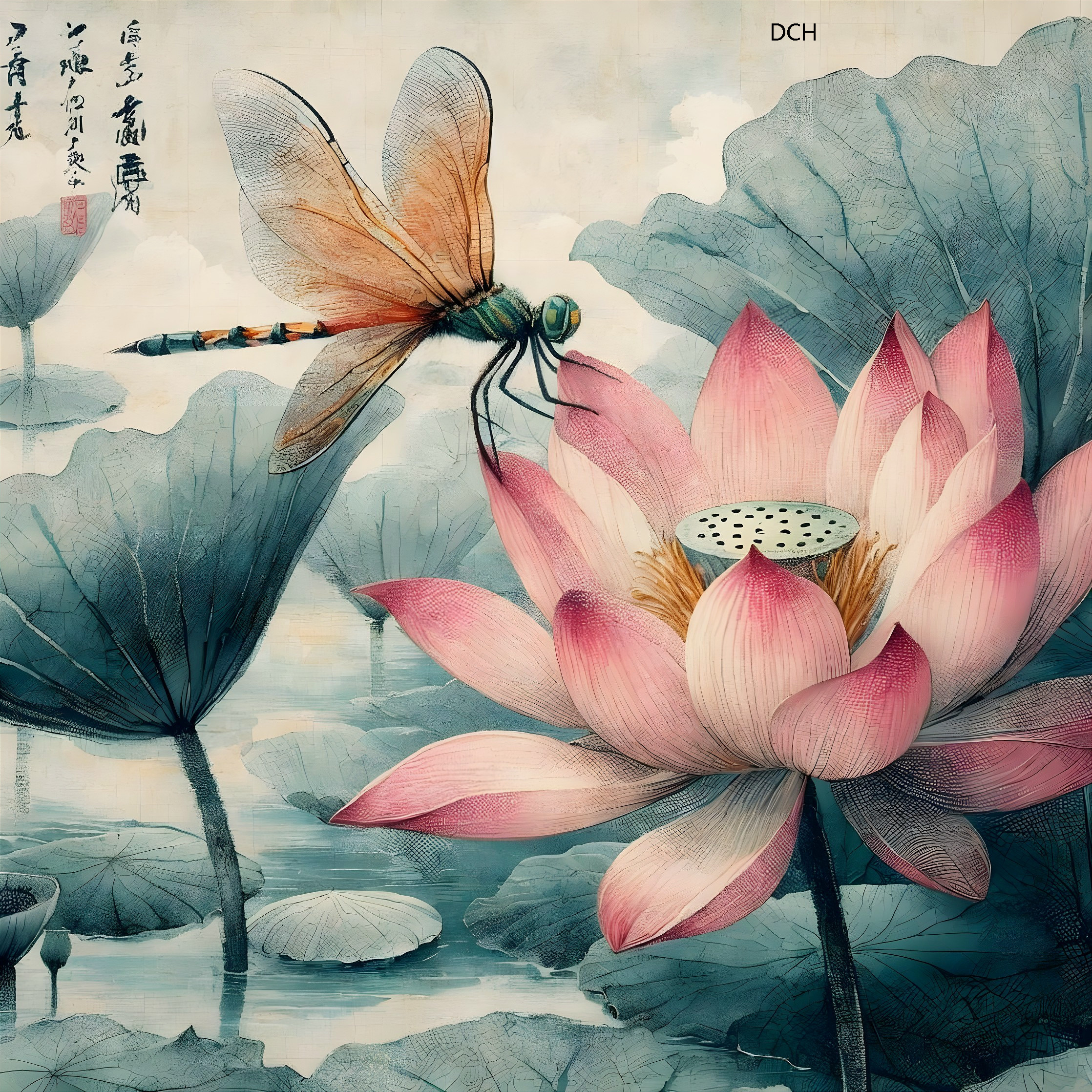 Traditional Asian Painting of Lotus Flower on Water