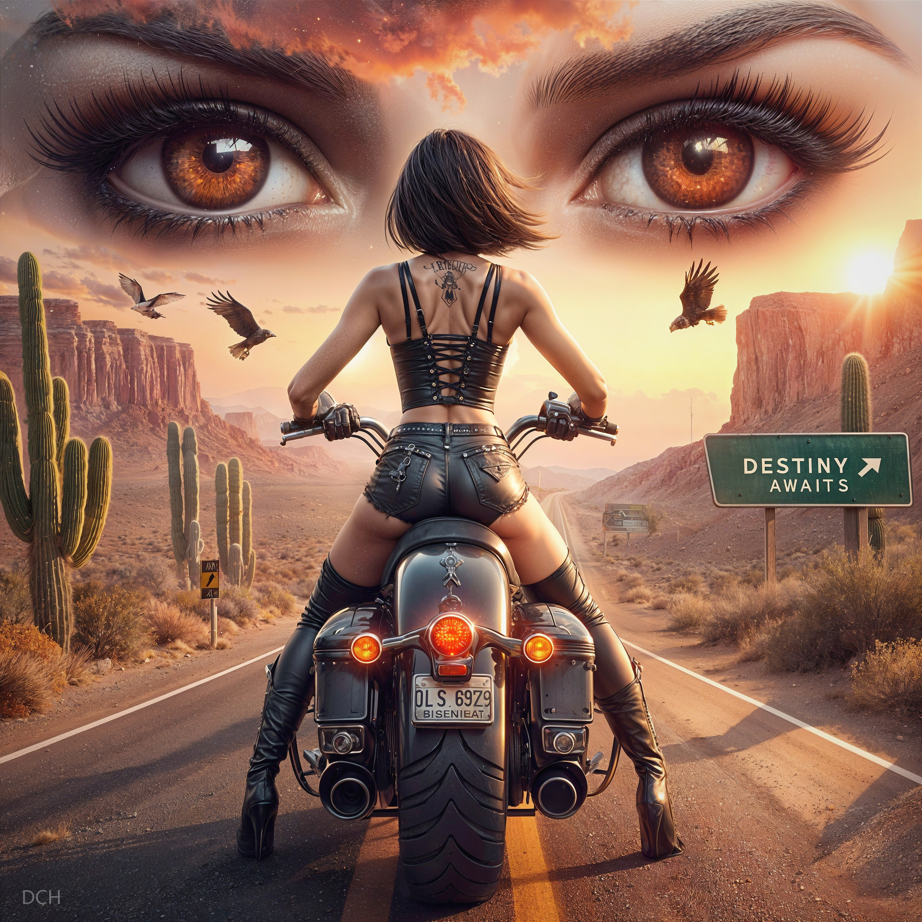 Confident Woman on Motorcycle in Desert Sunset Scene