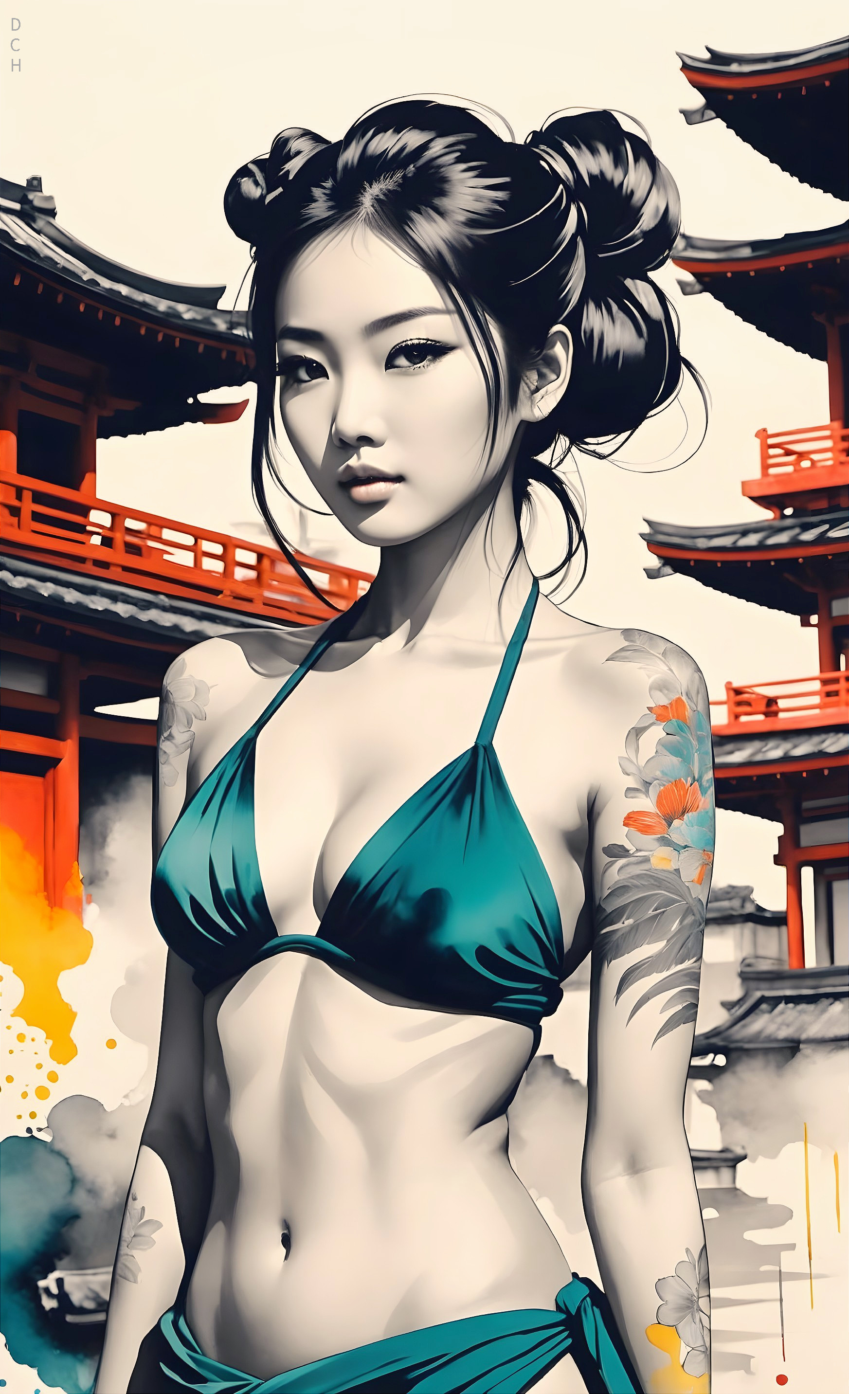 Young Woman in Teal Bikini with Tattoos and Pagodas