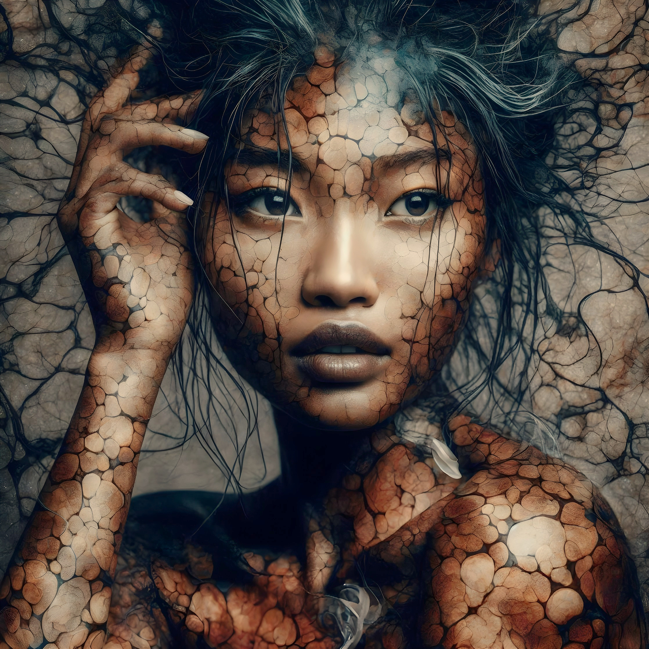 Woman with Earthy Textured Skin and Intense Gaze