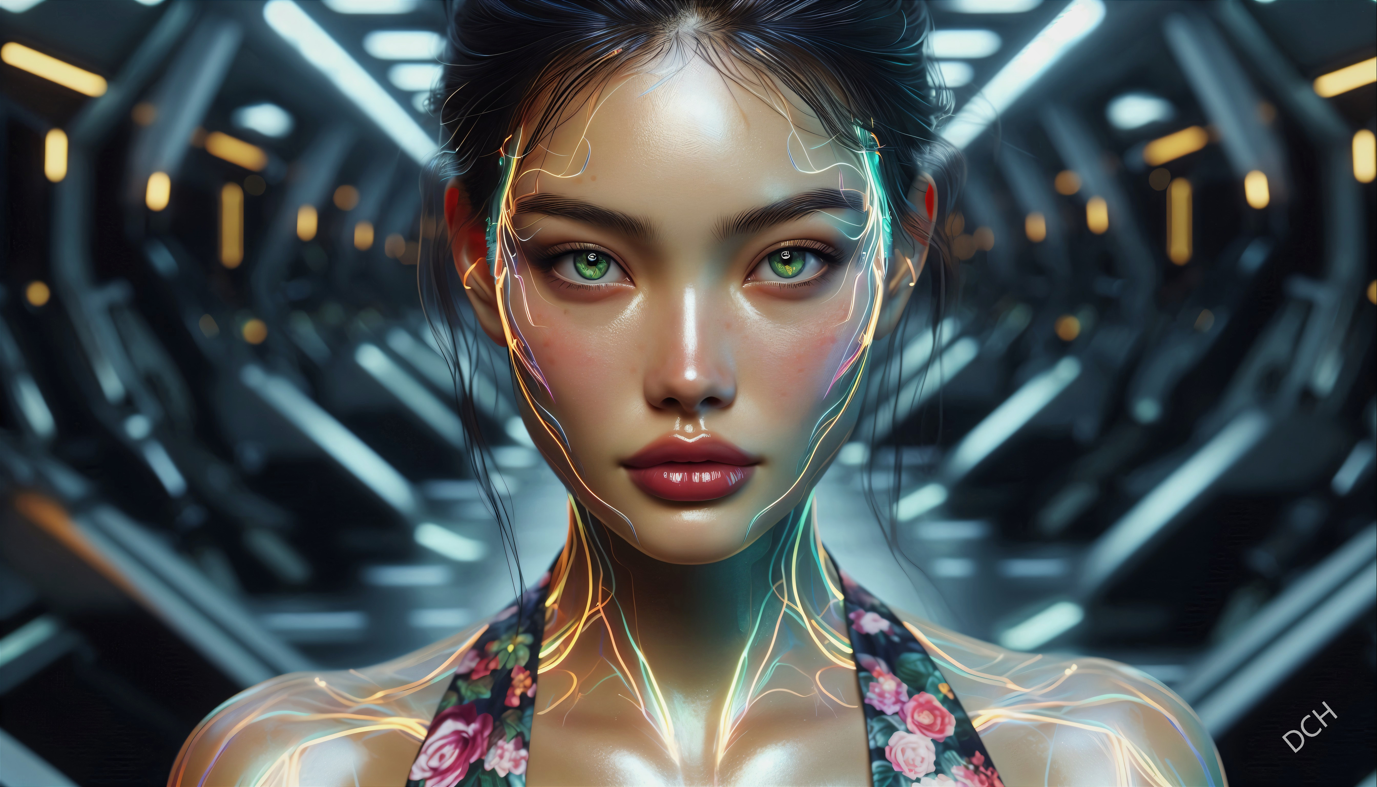 Futuristic Cybernetic Woman with Glowing Circuitry