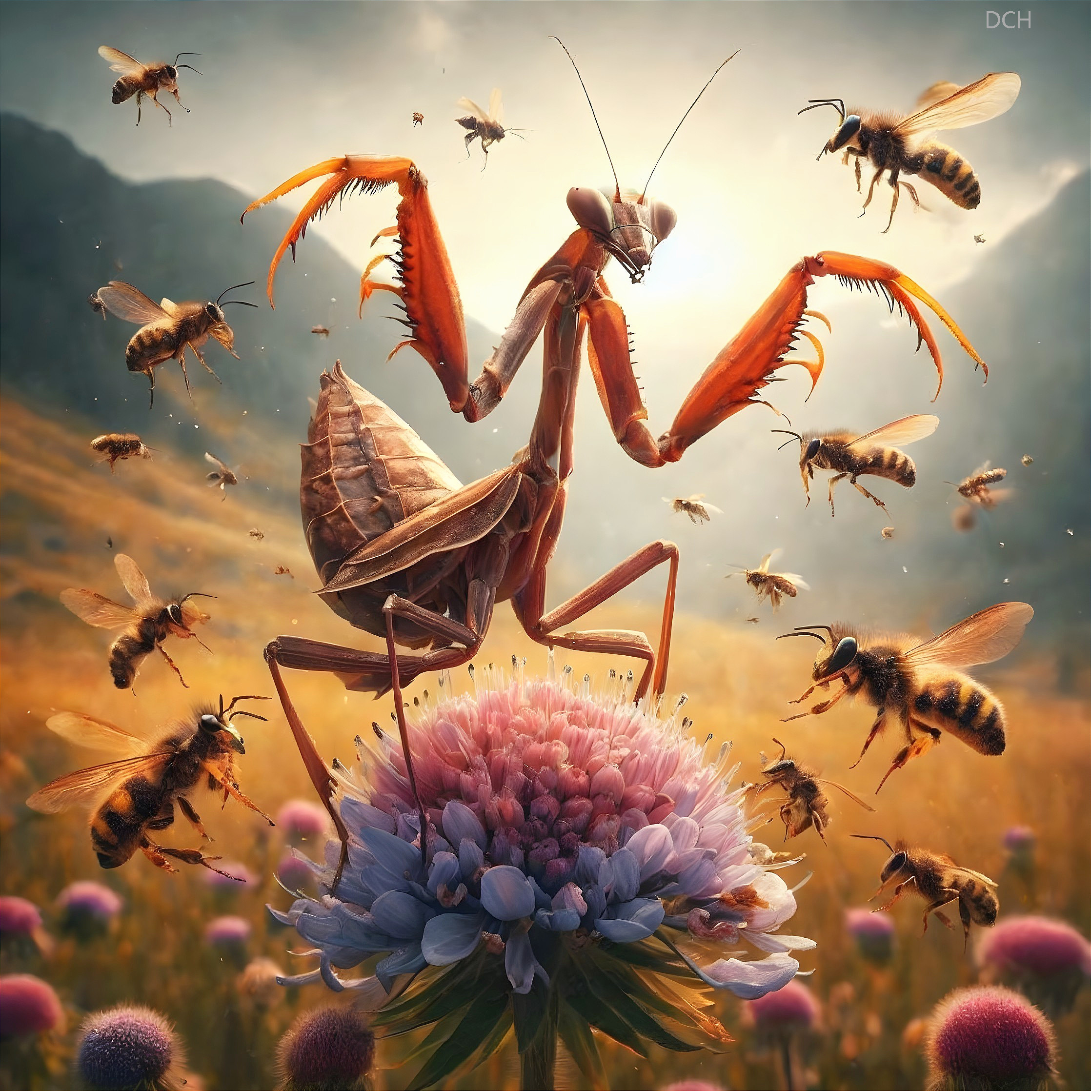 Mantis on Flower with Bees in Golden Sunlight