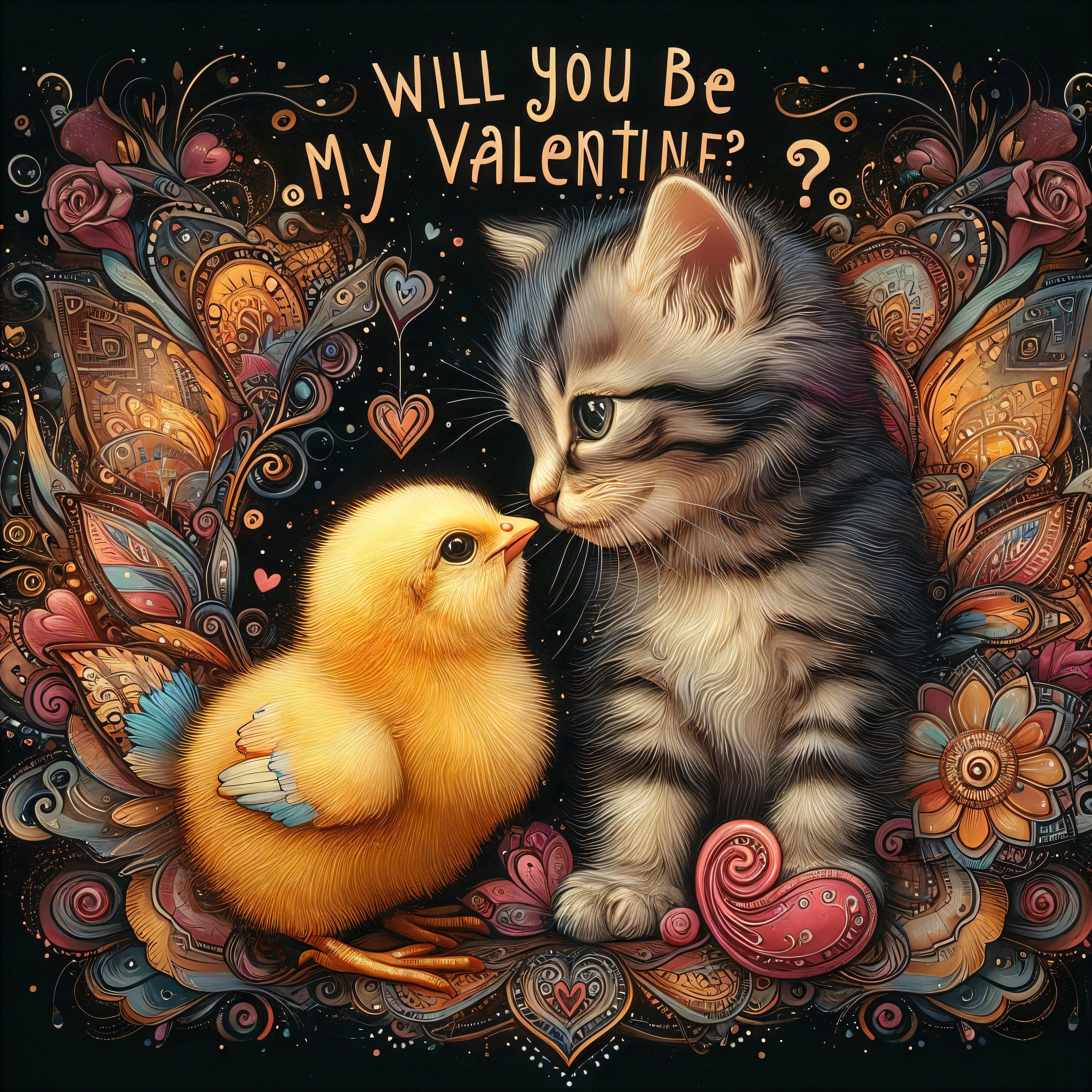 Whimsical Kitten and Chick Illustration with Hearts