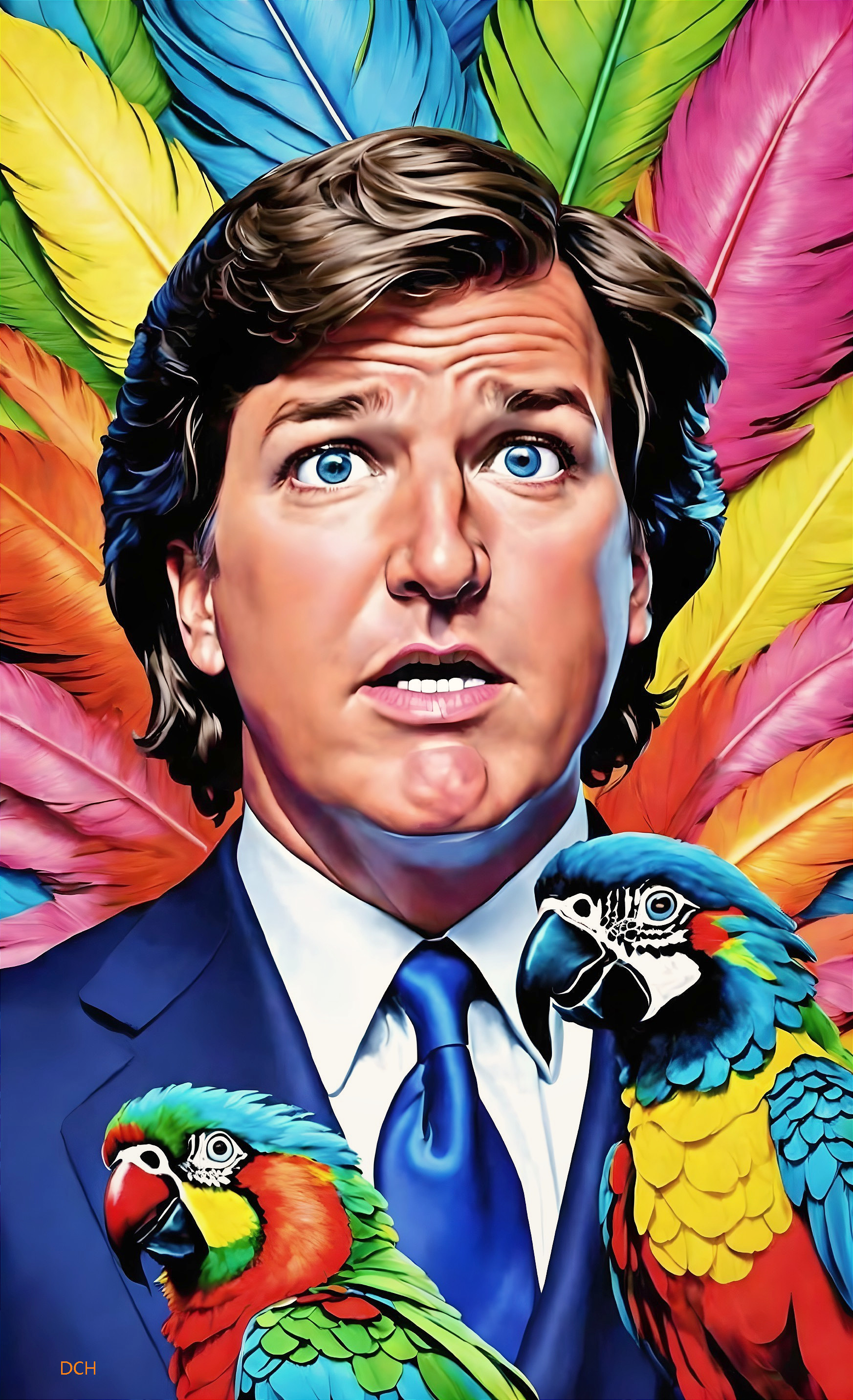 Man in Suit Surrounded by Colorful Feathers and Parakeets