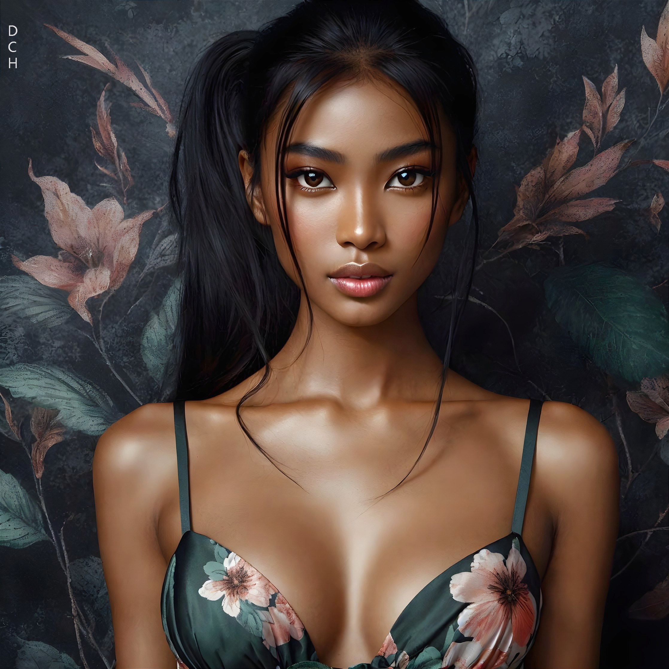 Close-up Portrait of a Young Woman with Floral Background