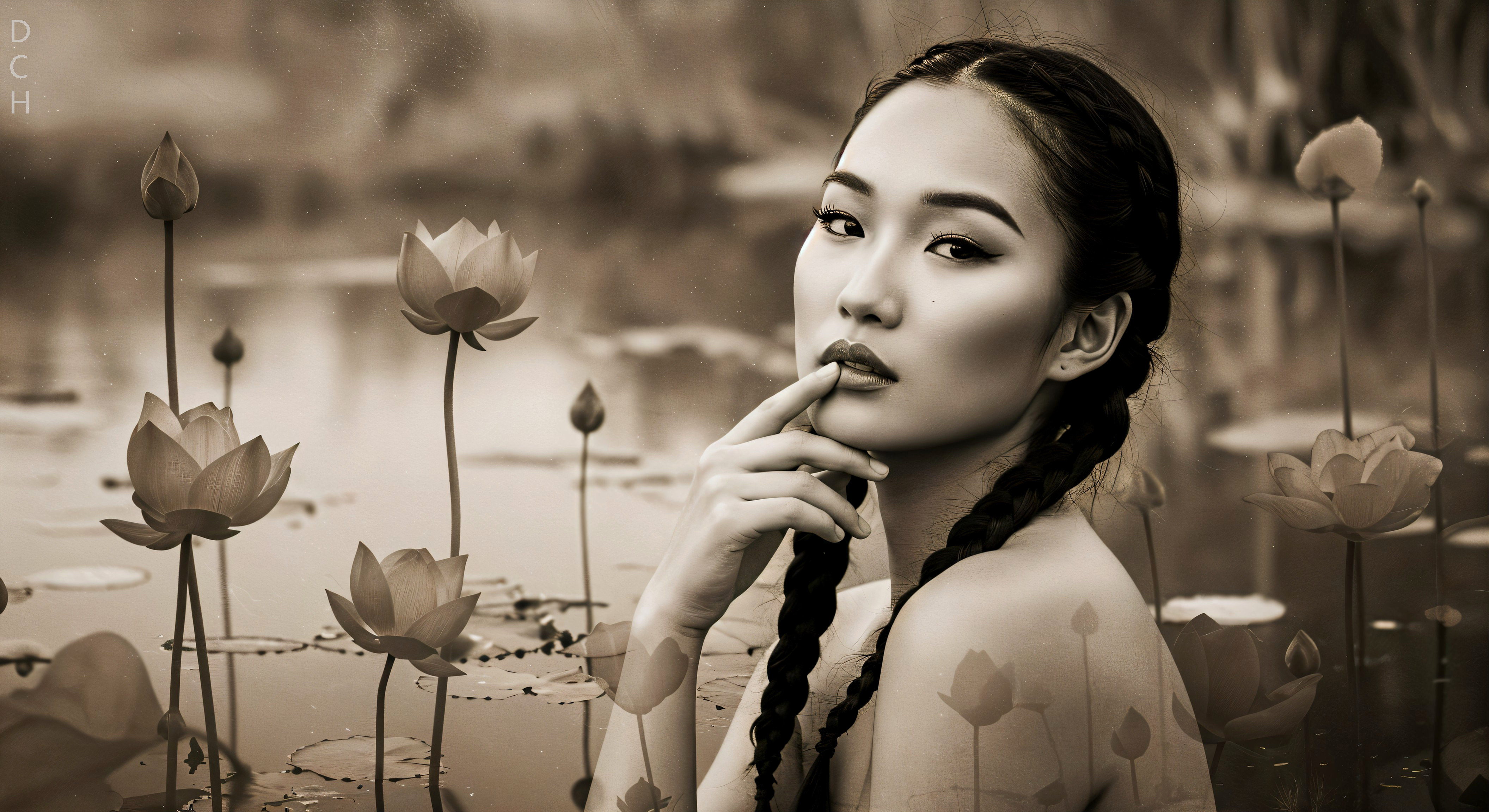 Monochromatic Portrait of a Woman with Lotus Flowers