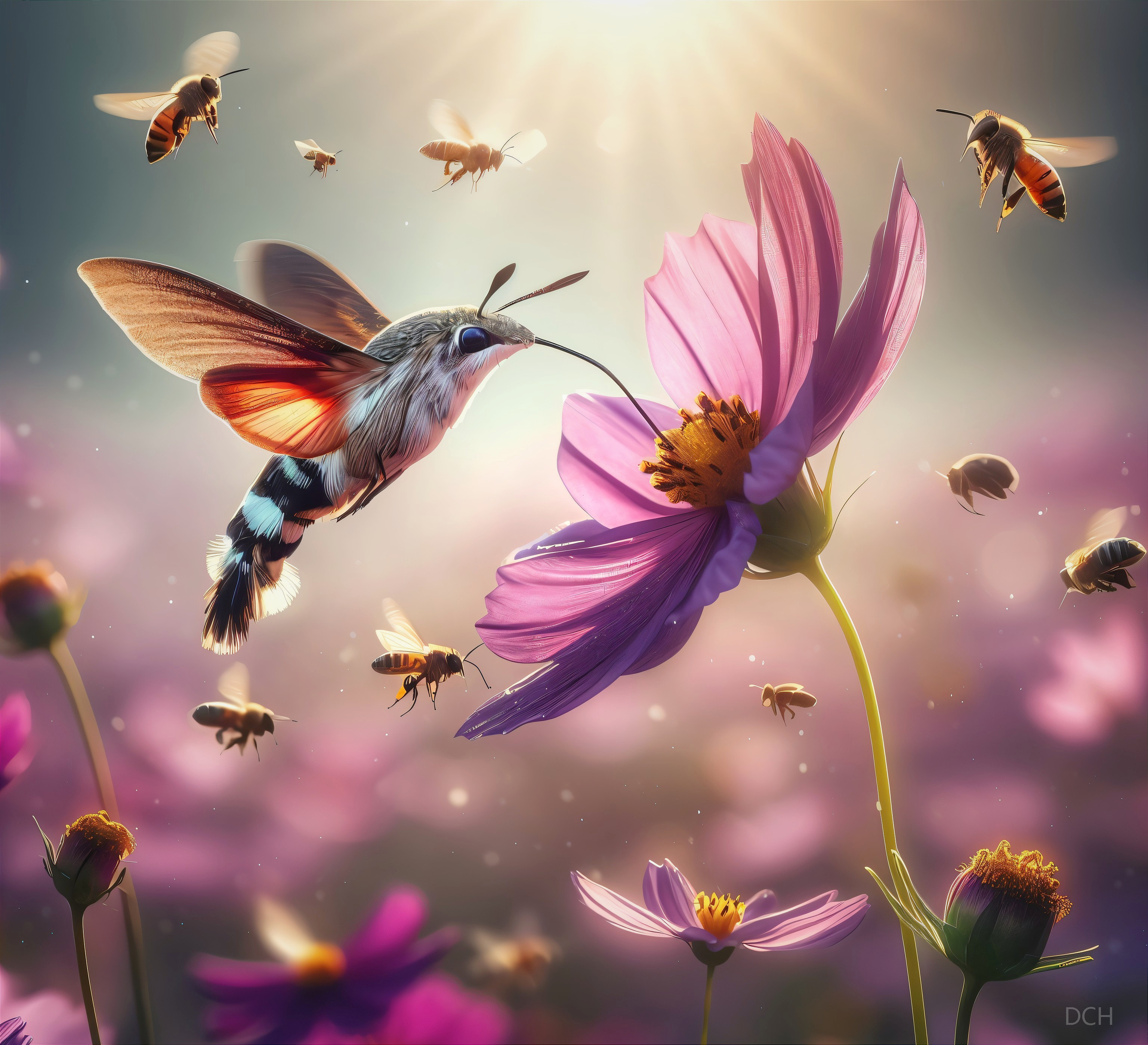 Vibrant Garden Scene with Flowers and Hummingbird Moth