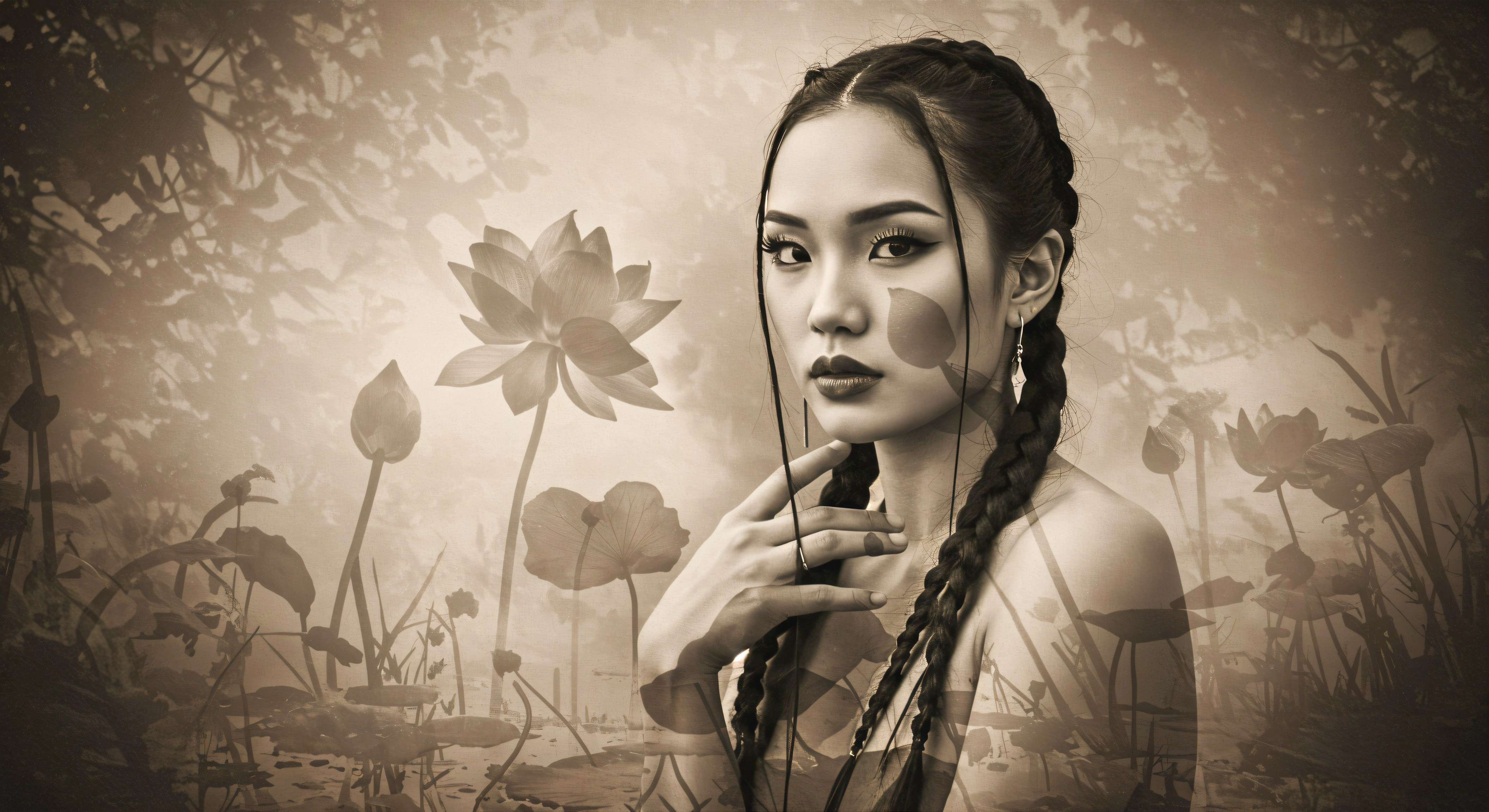 Young woman with braided hair in vintage sepia tone