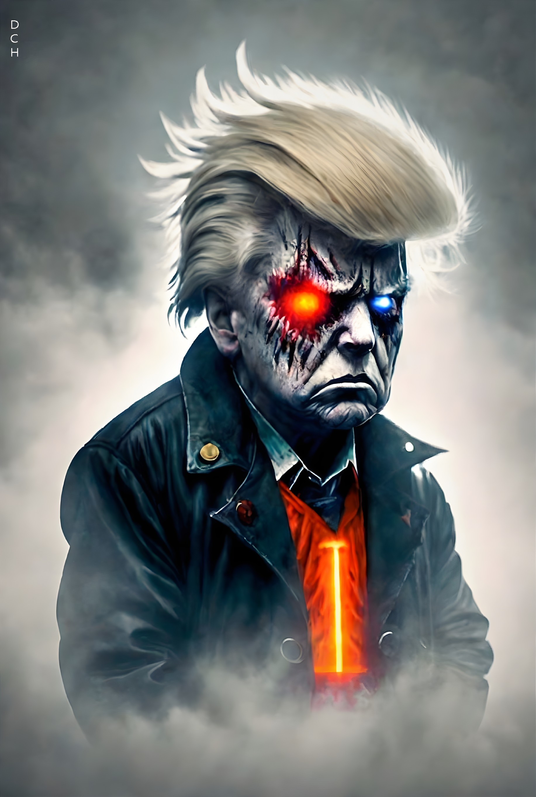 Character with Robotic Eye in Foggy Sci-Fi Setting