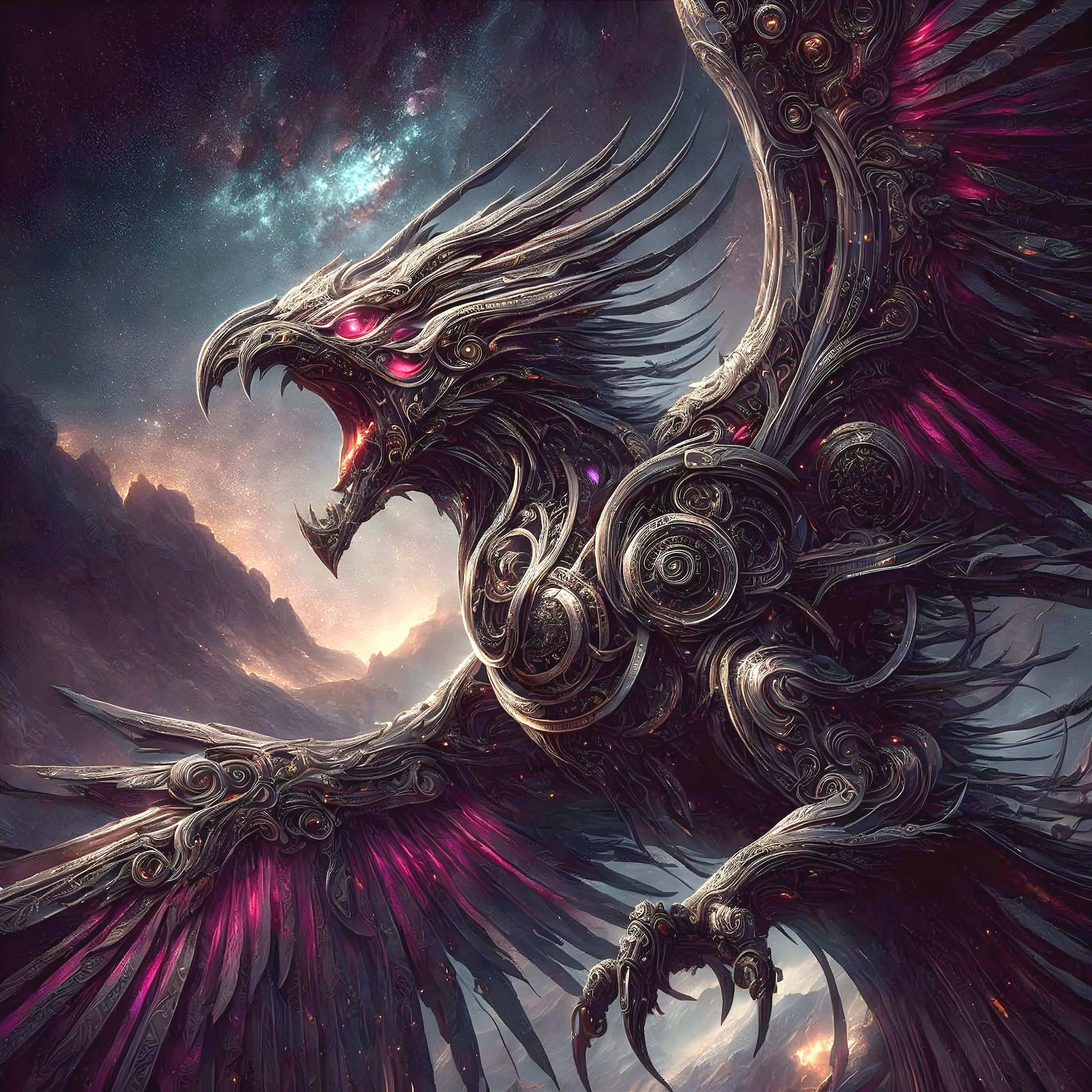 Fantasy dragon with pink glowing eyes and metallic scales in cosmic setting