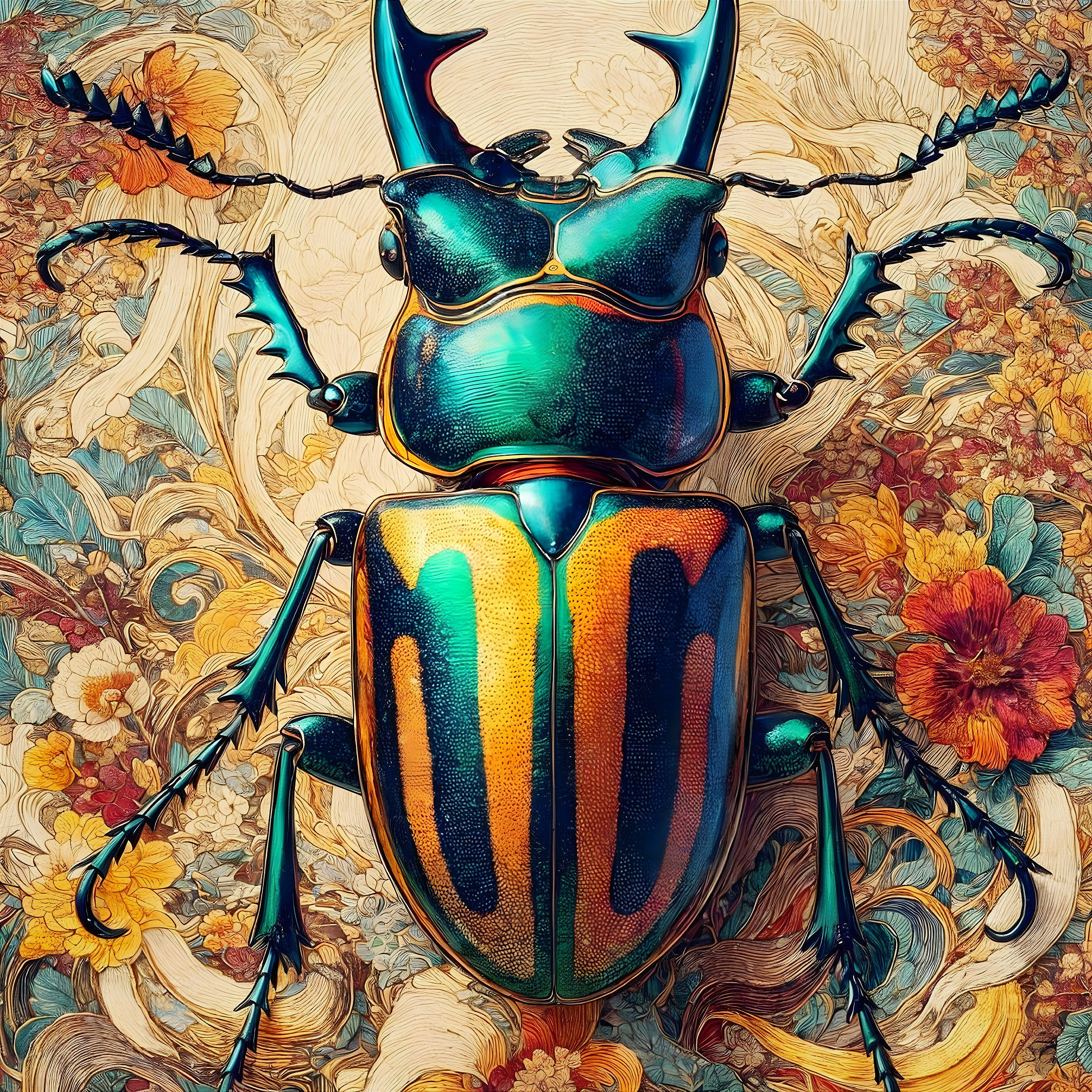 Vividly Colored Beetle with Floral Background Patterns