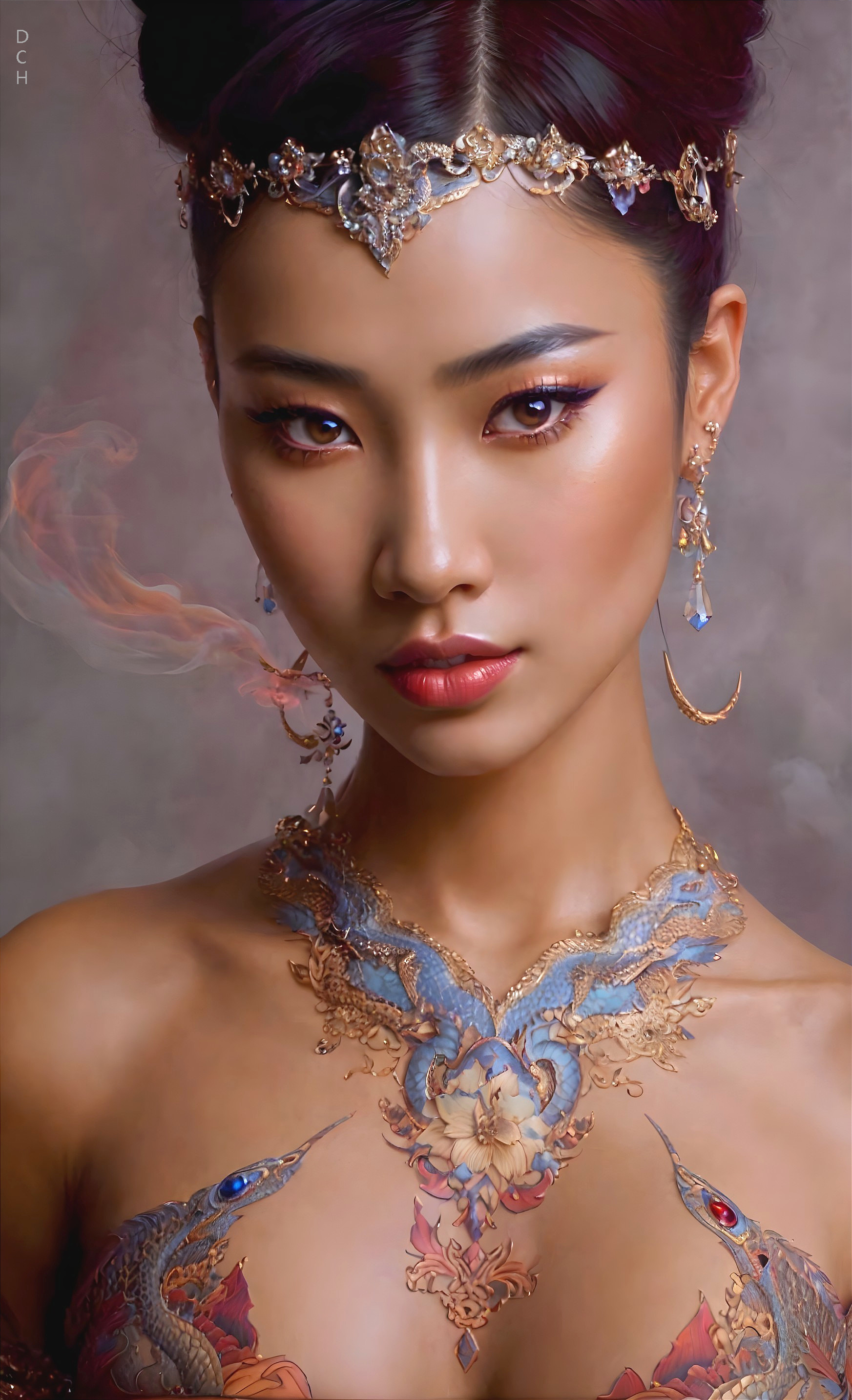 Woman with Intricate Jewelry and Dragon Tattoos