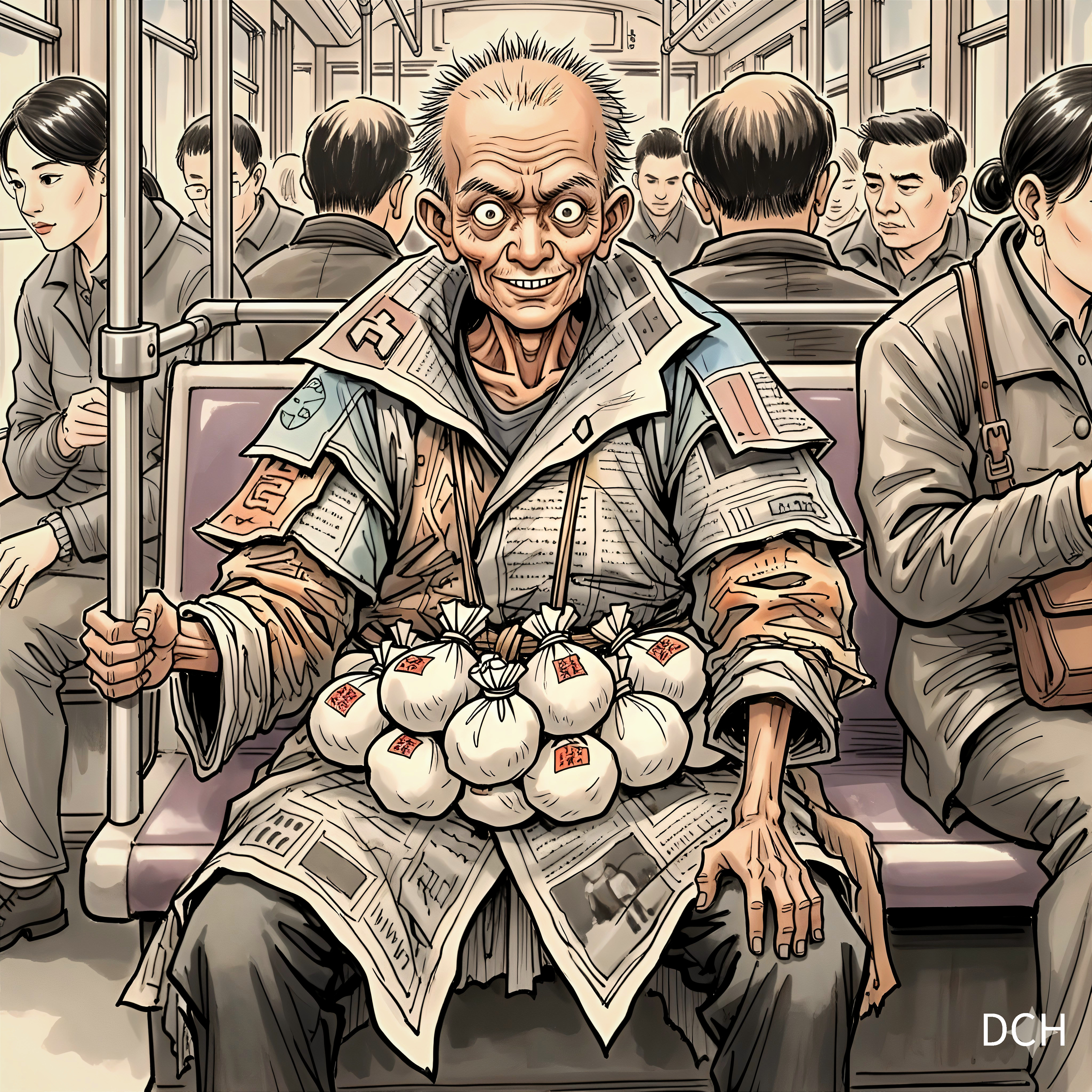 Elderly Man in Patchwork Coat on Subway Train