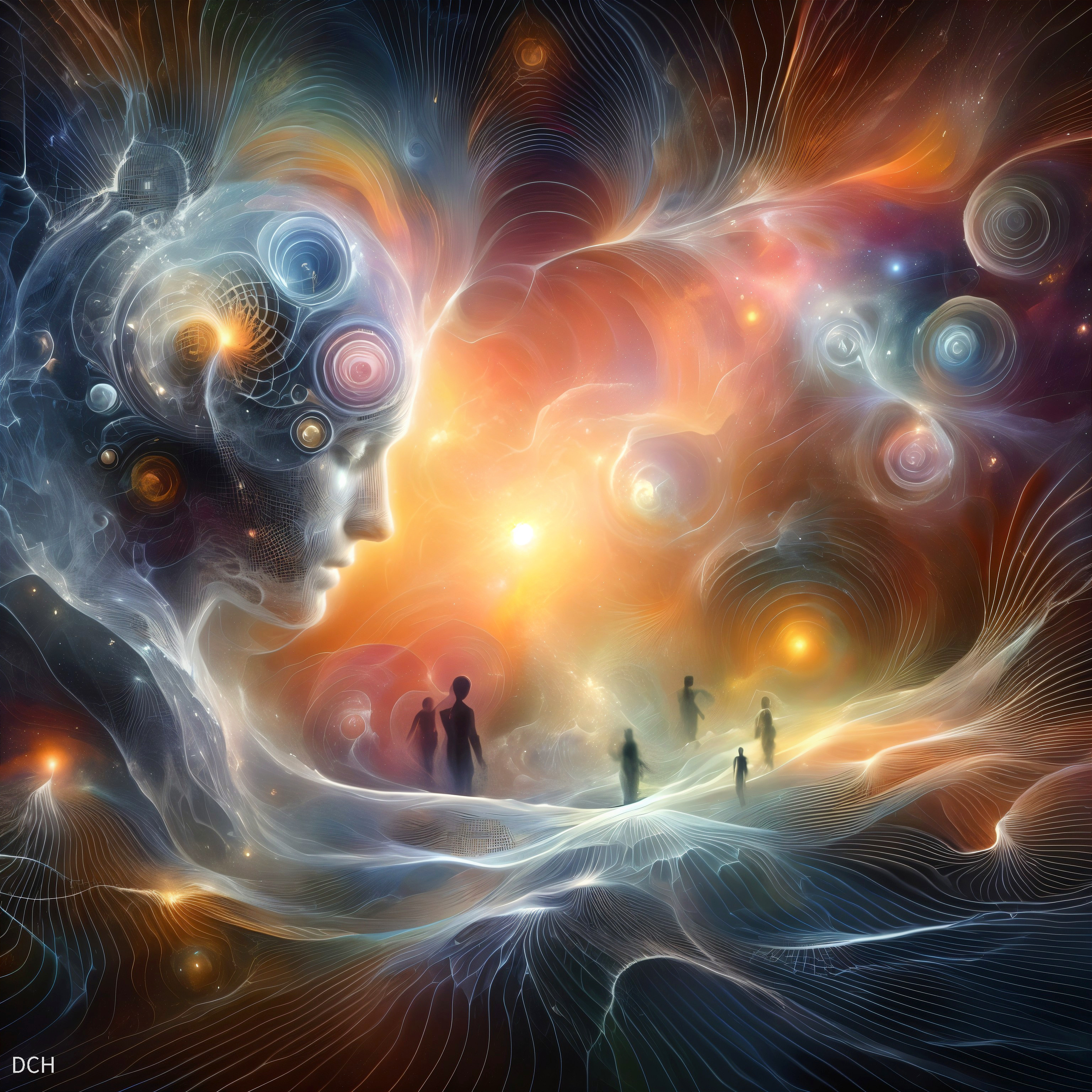 Cosmic Scene with Ethereal Head and Dreamlike Landscape