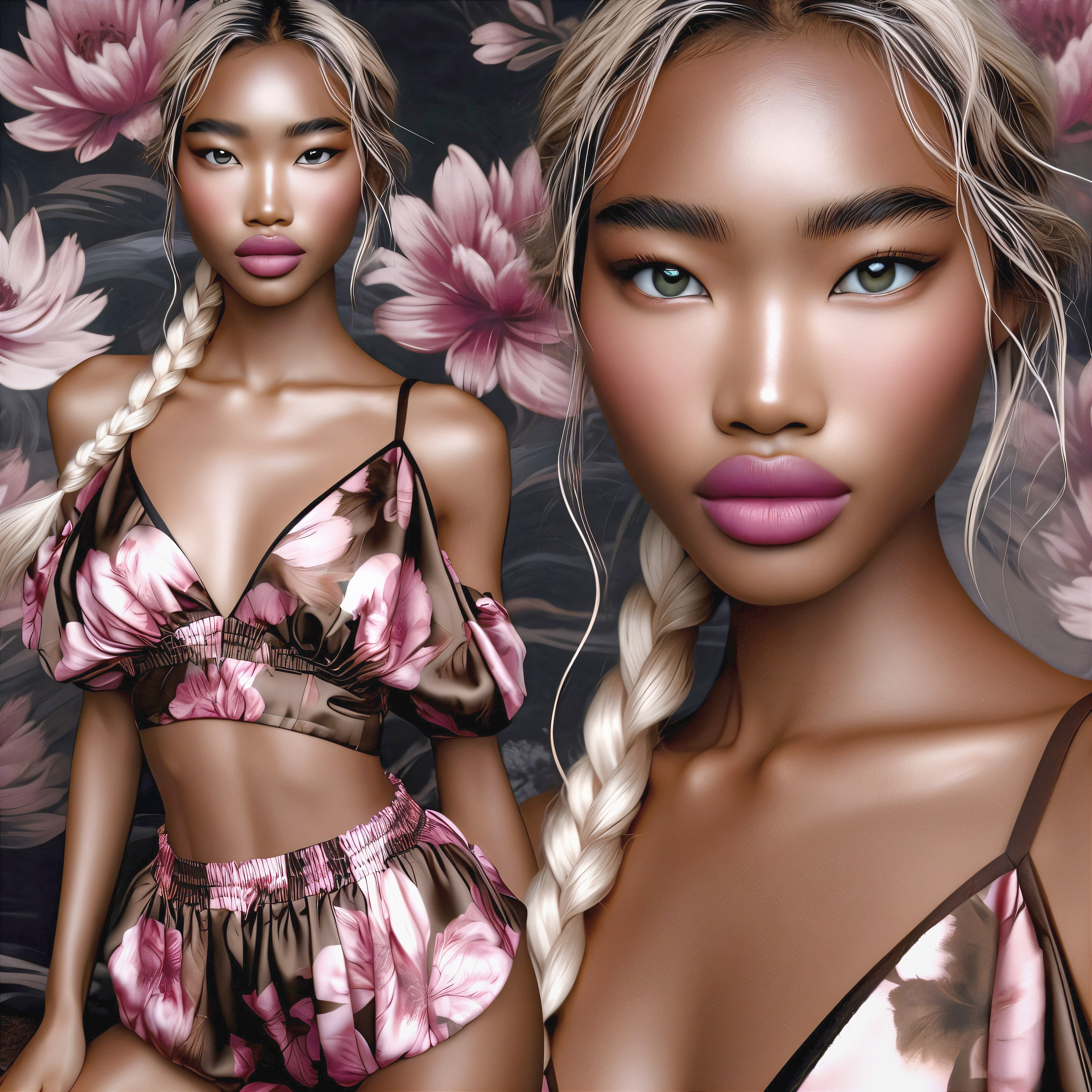 Digital Portrait of a Young Woman in Floral Bikini
