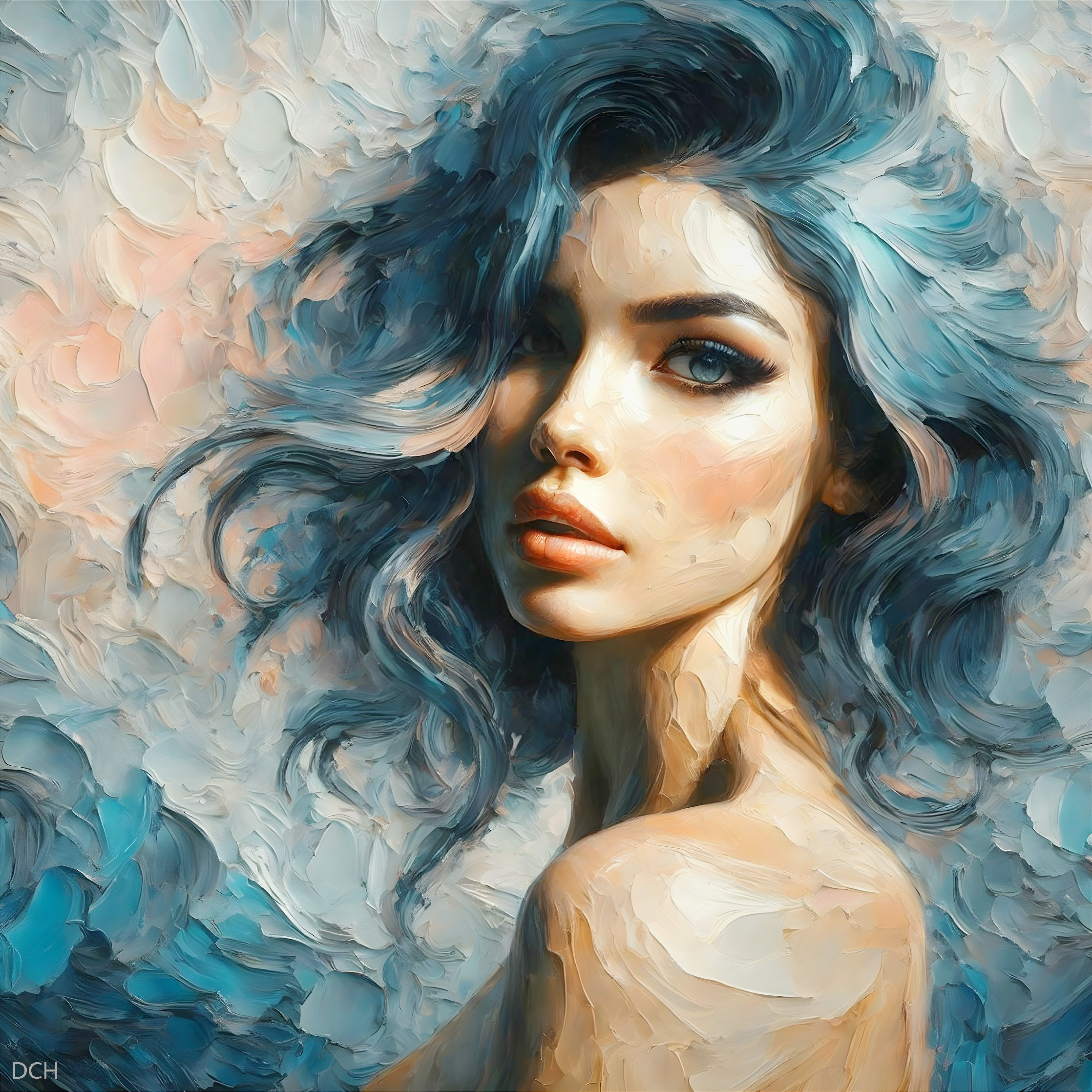 Portrait of a Woman with Blue Wavy Hair and Backdrop