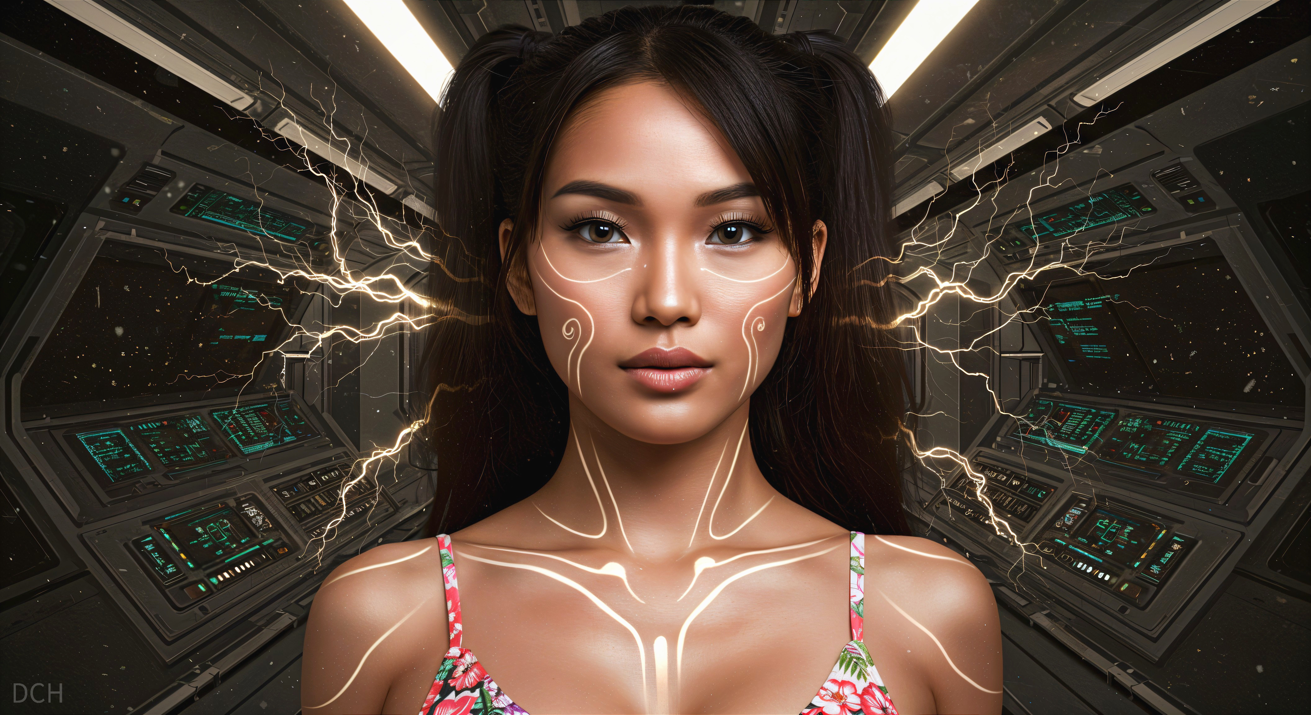 Young woman with glowing patterns in futuristic setting