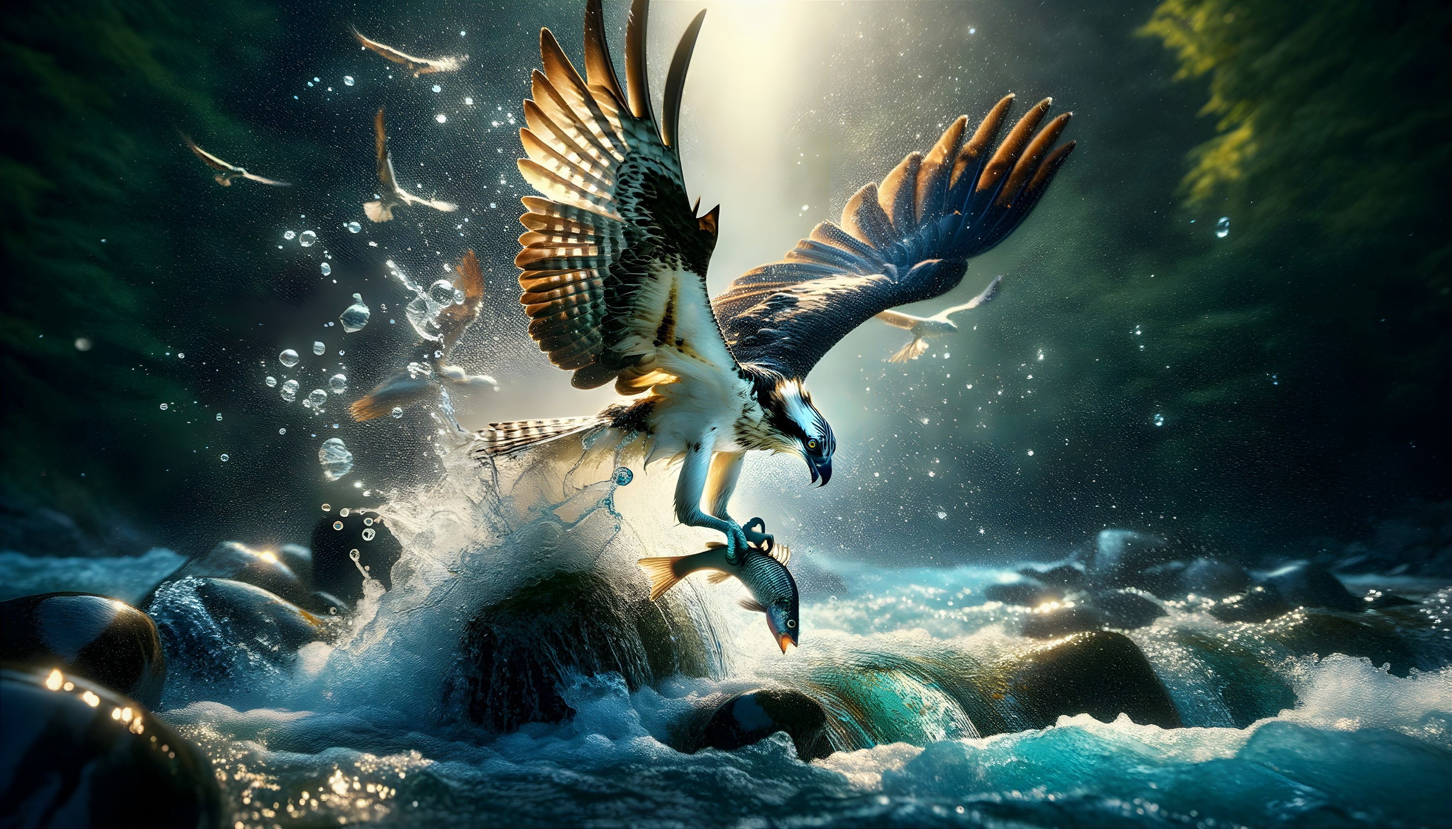 Osprey Catching Fish in Forest River with Sunlight